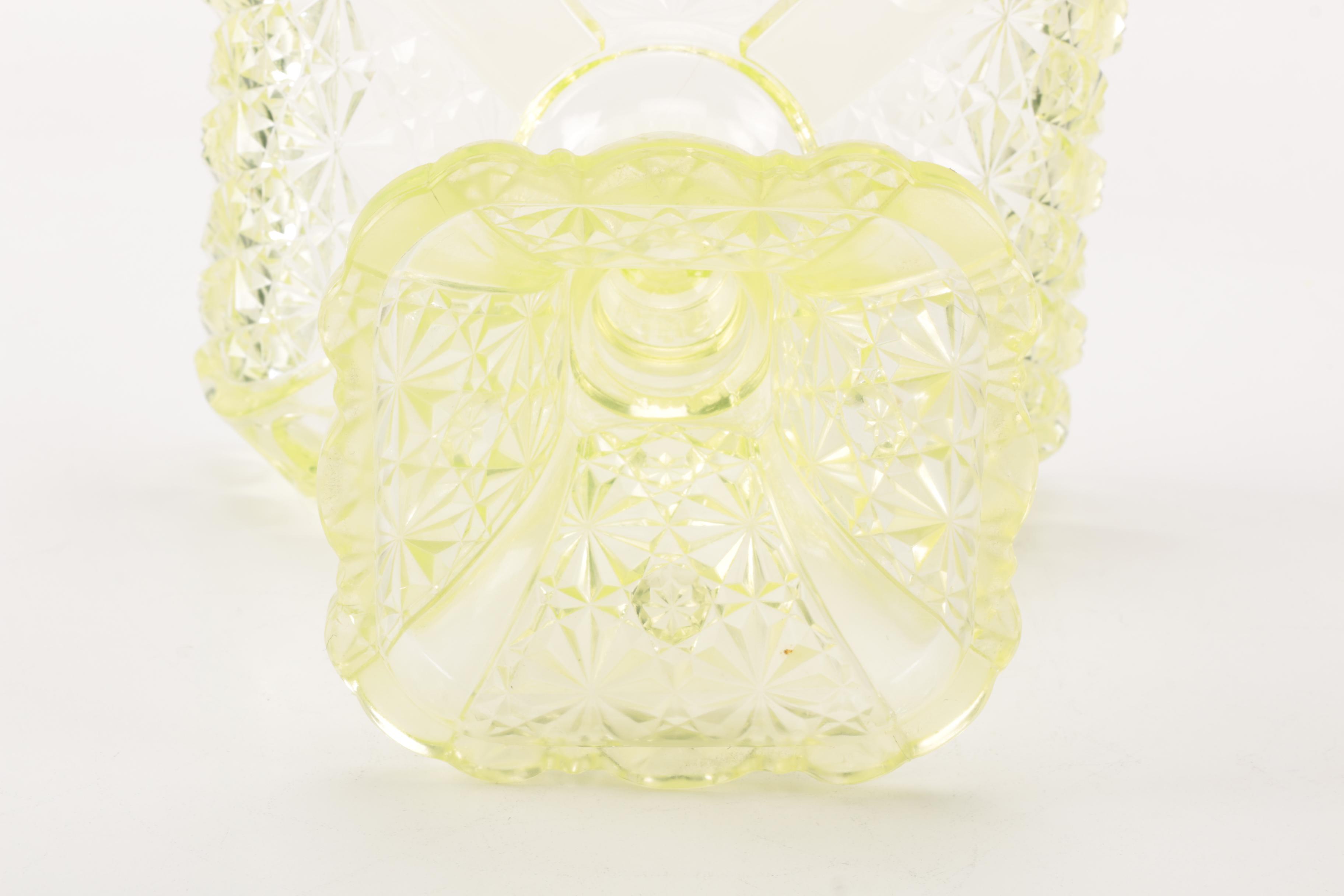 Vintage Green Vaseline Glass Lidded Compote