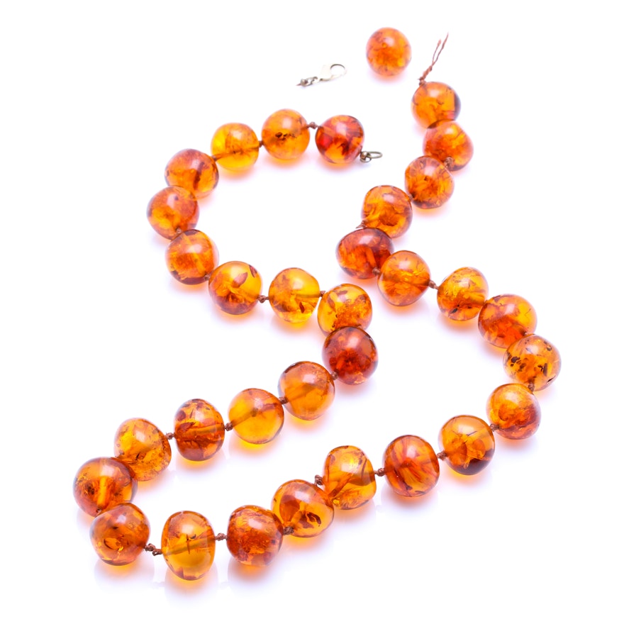 14K Yellow Gold Clasp Amber Beaded Necklace