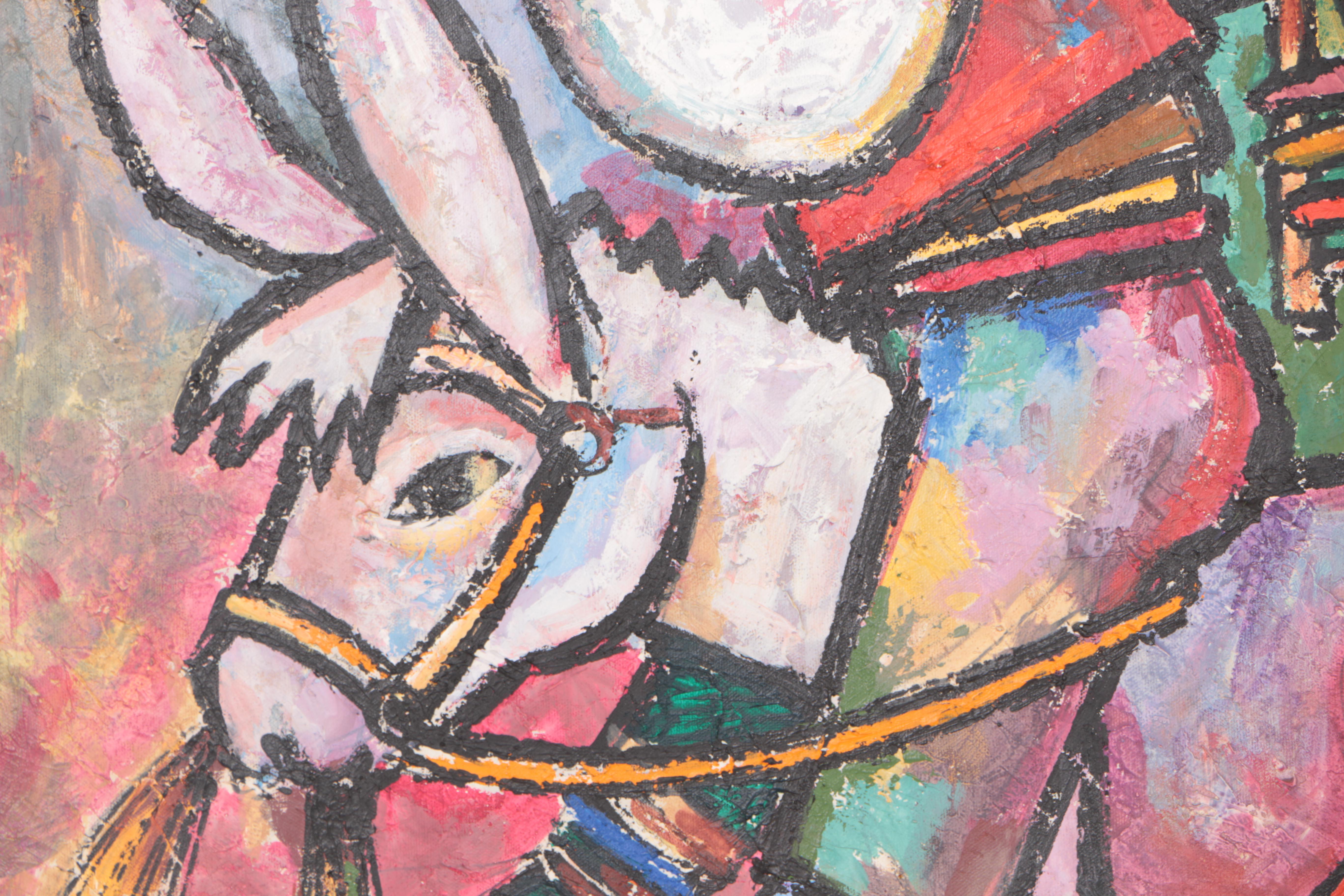 Jovan Obican Oil Painting on Canvas "Three Musicians on a Donkey"