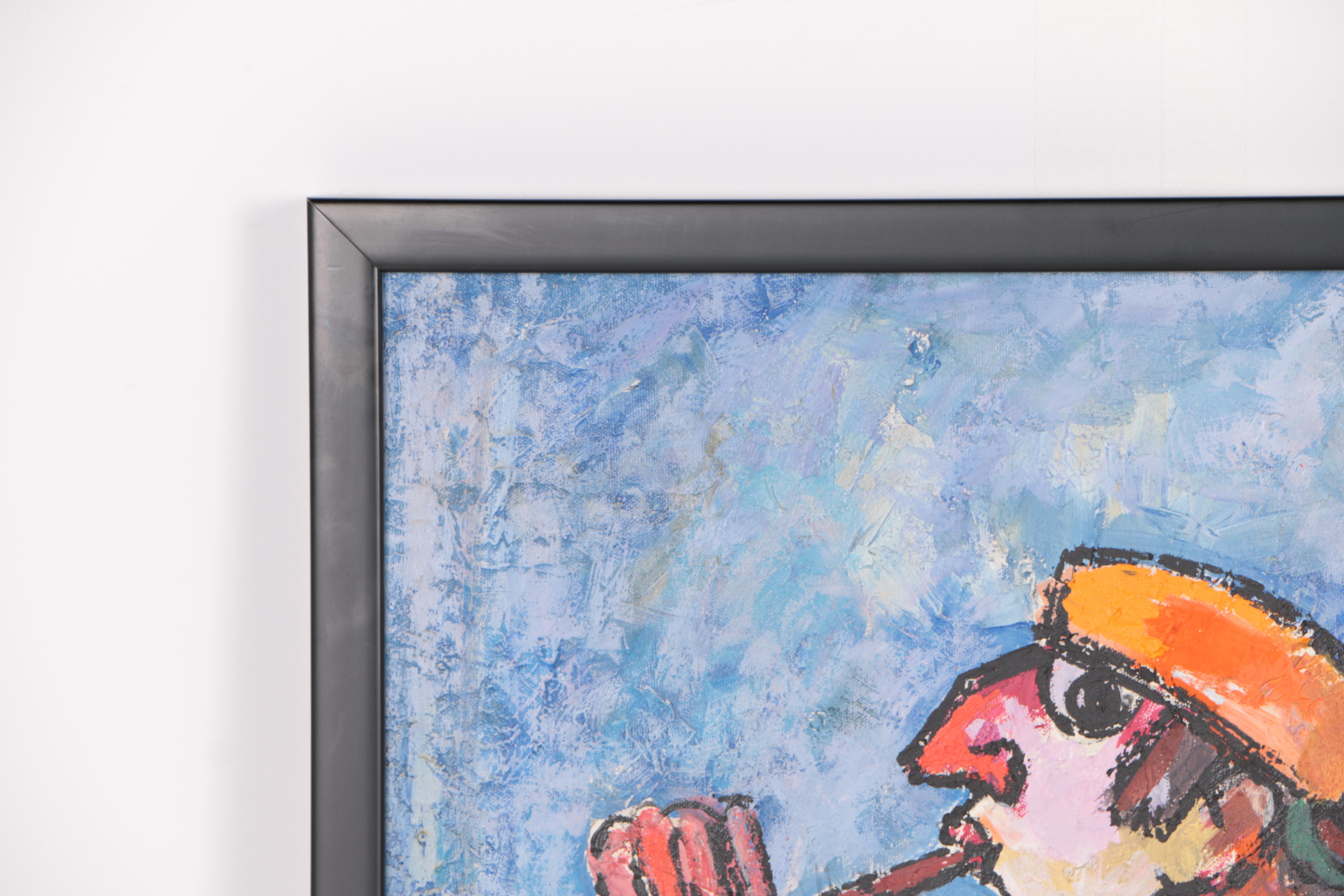 Jovan Obican Oil Painting on Canvas "Three Musicians on a Donkey"