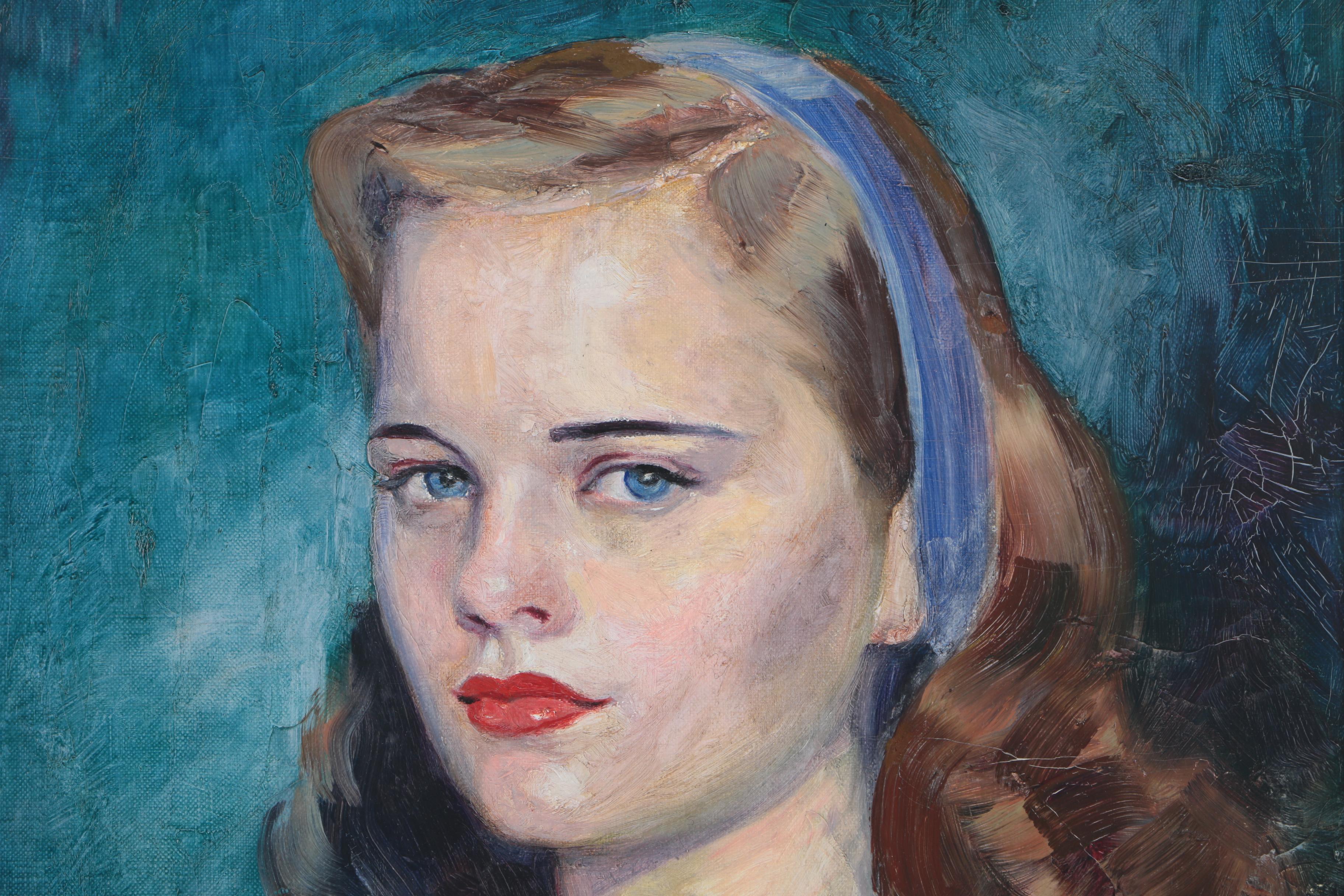 Mid-Century Oil on Canvas of Woman With Yellow Dress and Blue Headband