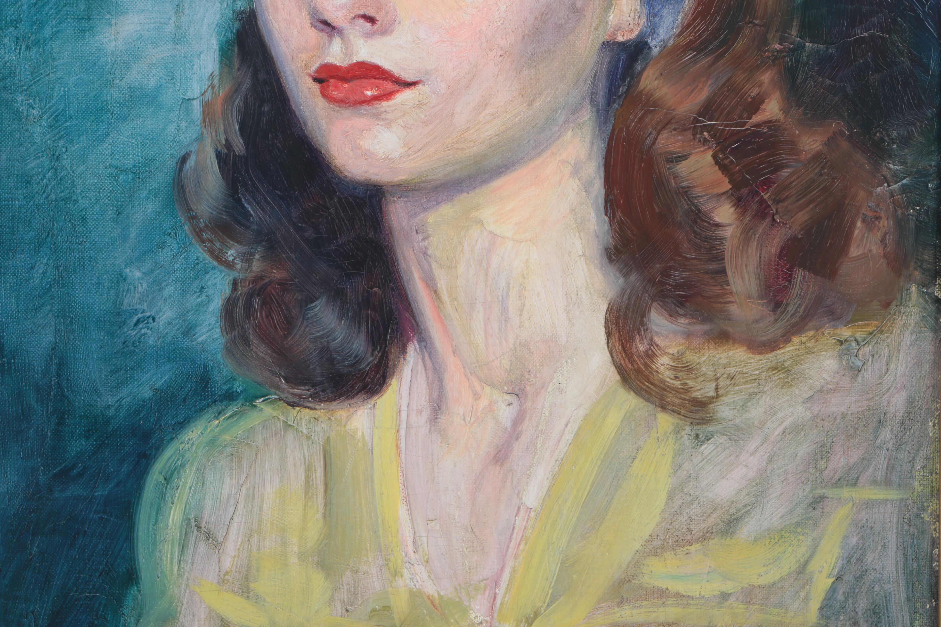 Mid-Century Oil on Canvas of Woman With Yellow Dress and Blue Headband