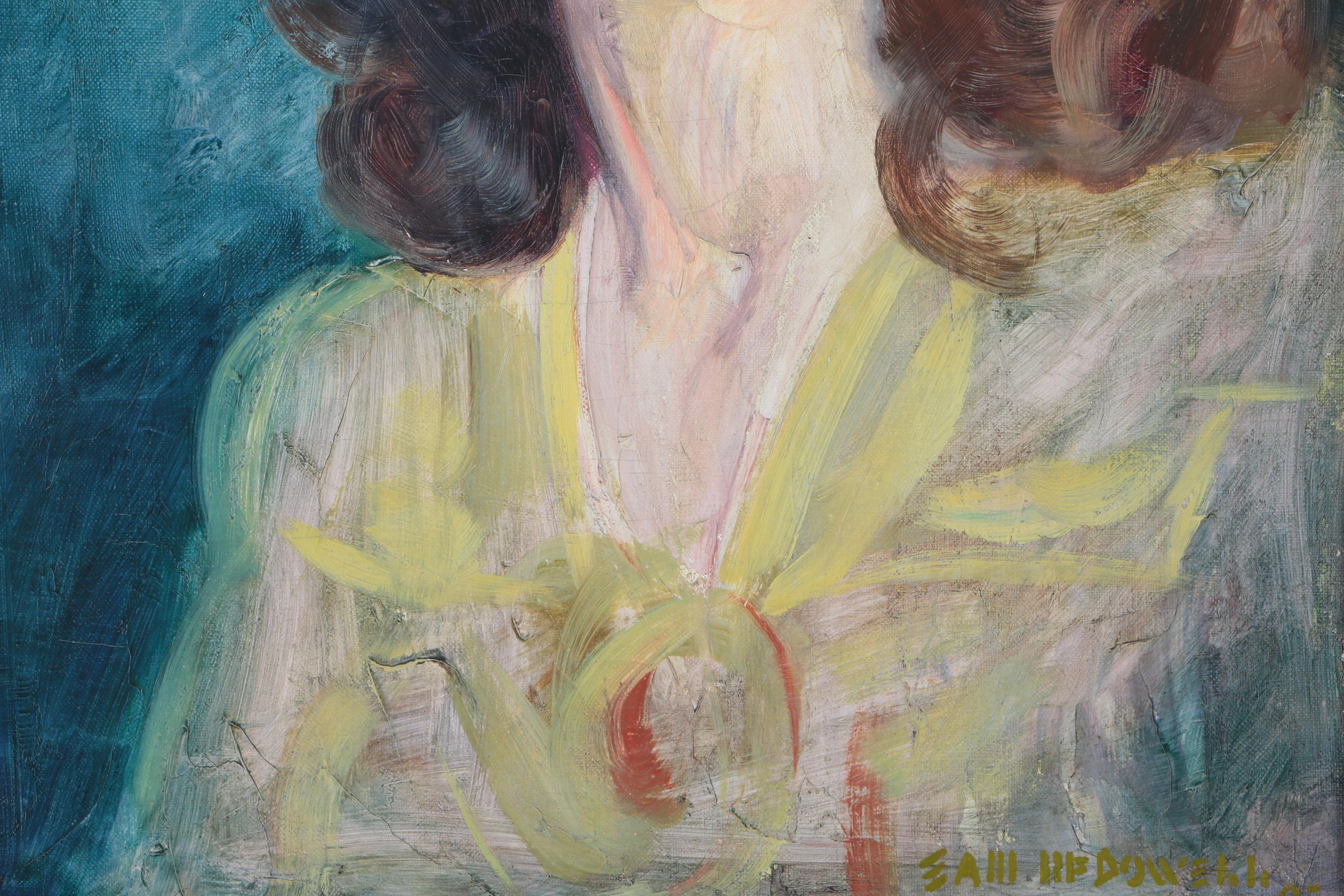 Mid-Century Oil on Canvas of Woman With Yellow Dress and Blue Headband