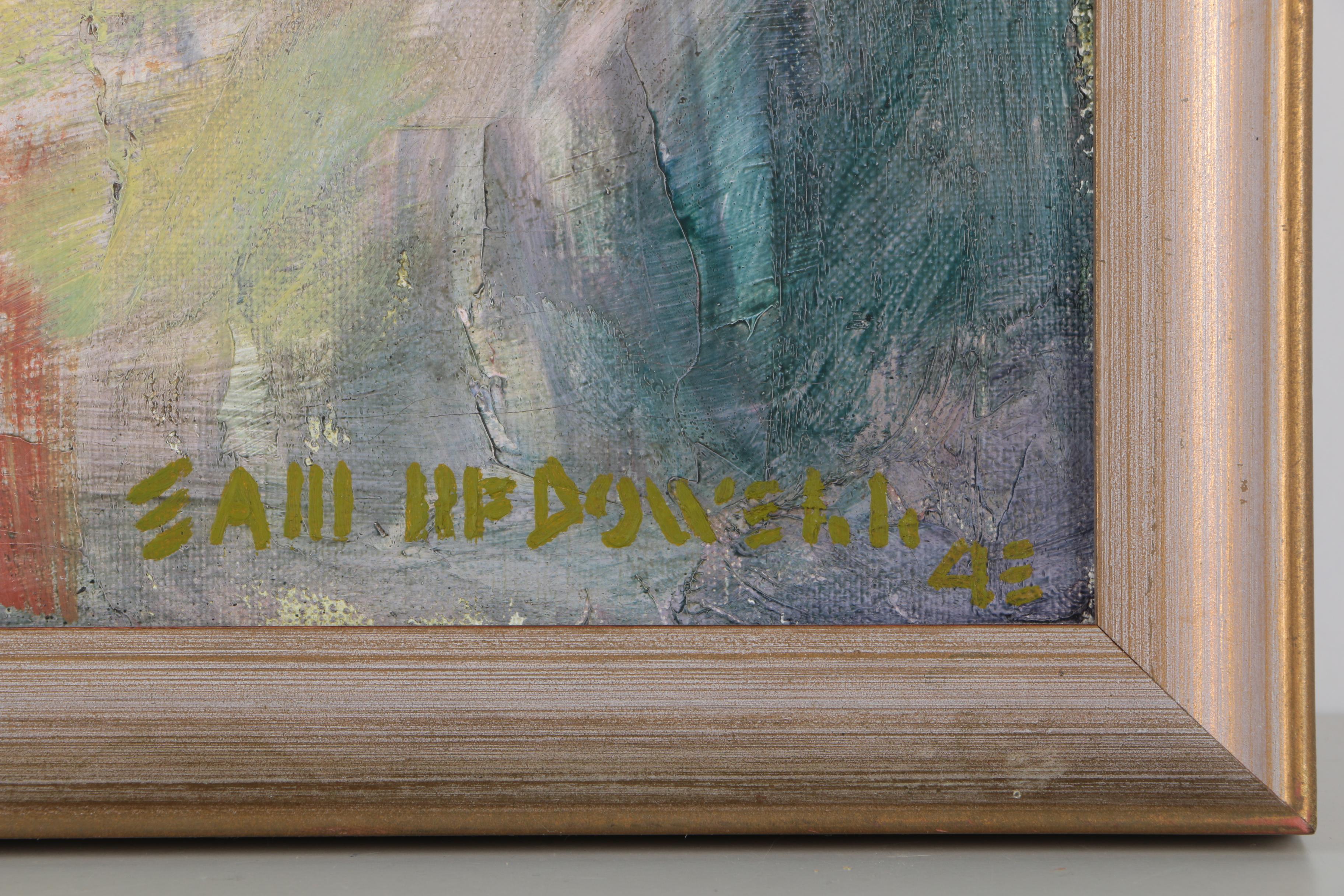 Mid-Century Oil on Canvas of Woman With Yellow Dress and Blue Headband