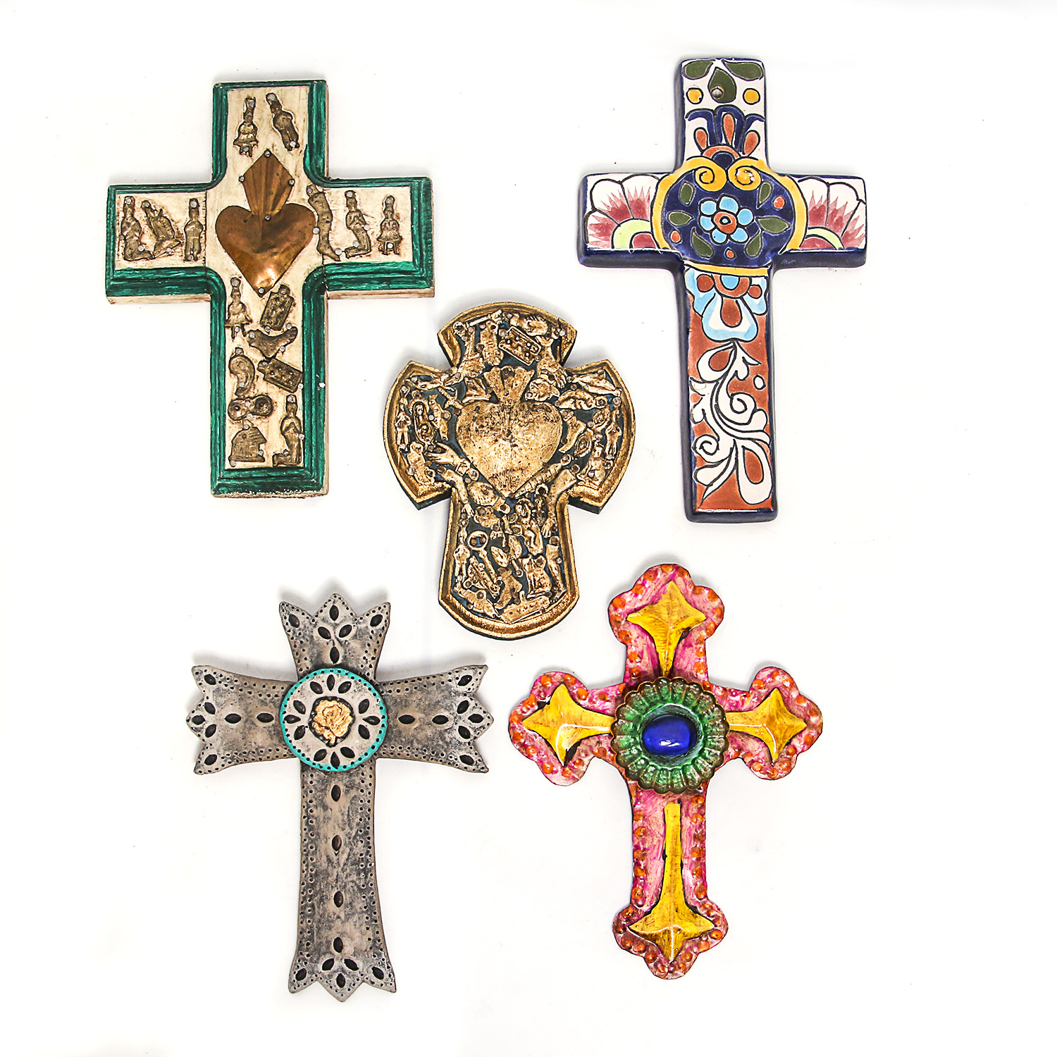Collection of Vintage Wooden, Metal and Ceramic Folk Art Crosses
