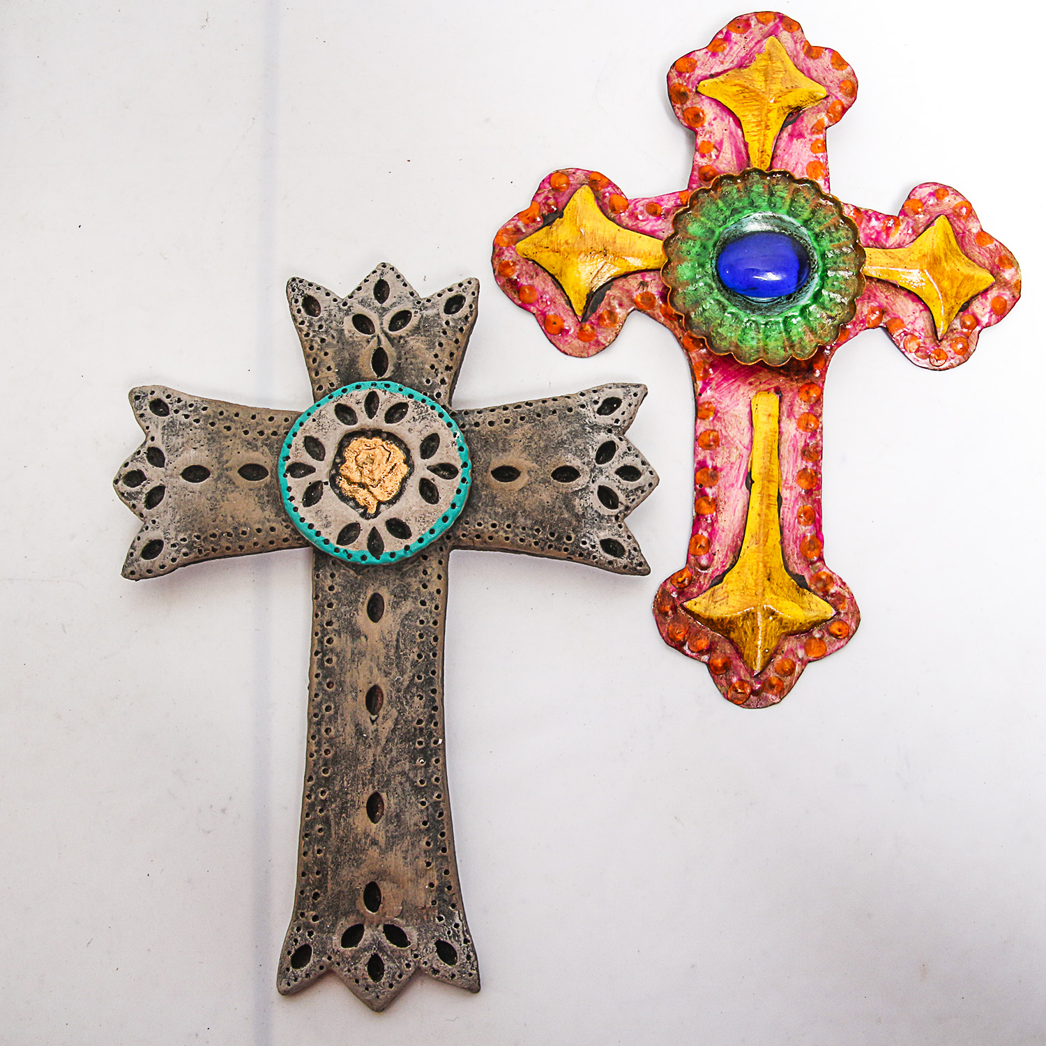 Collection of Vintage Wooden, Metal and Ceramic Folk Art Crosses
