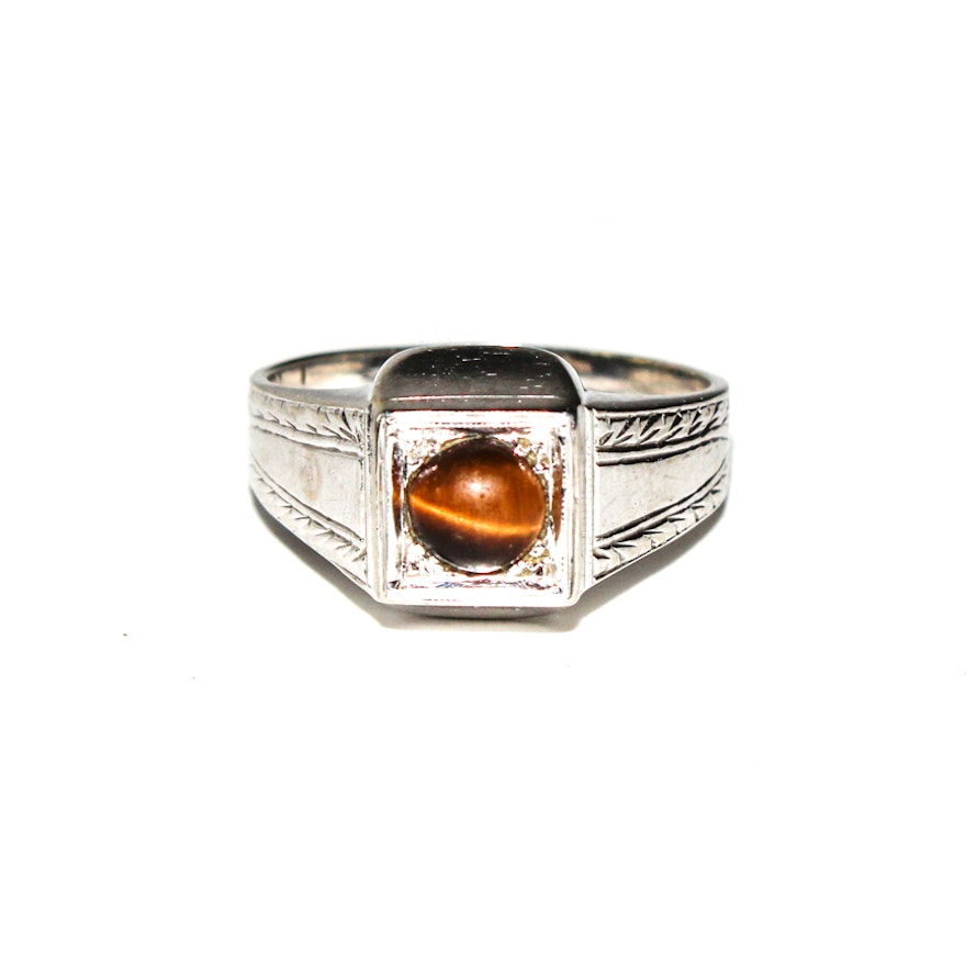 18K Gold Art Deco and Tiger's Eye Solitaire Ring