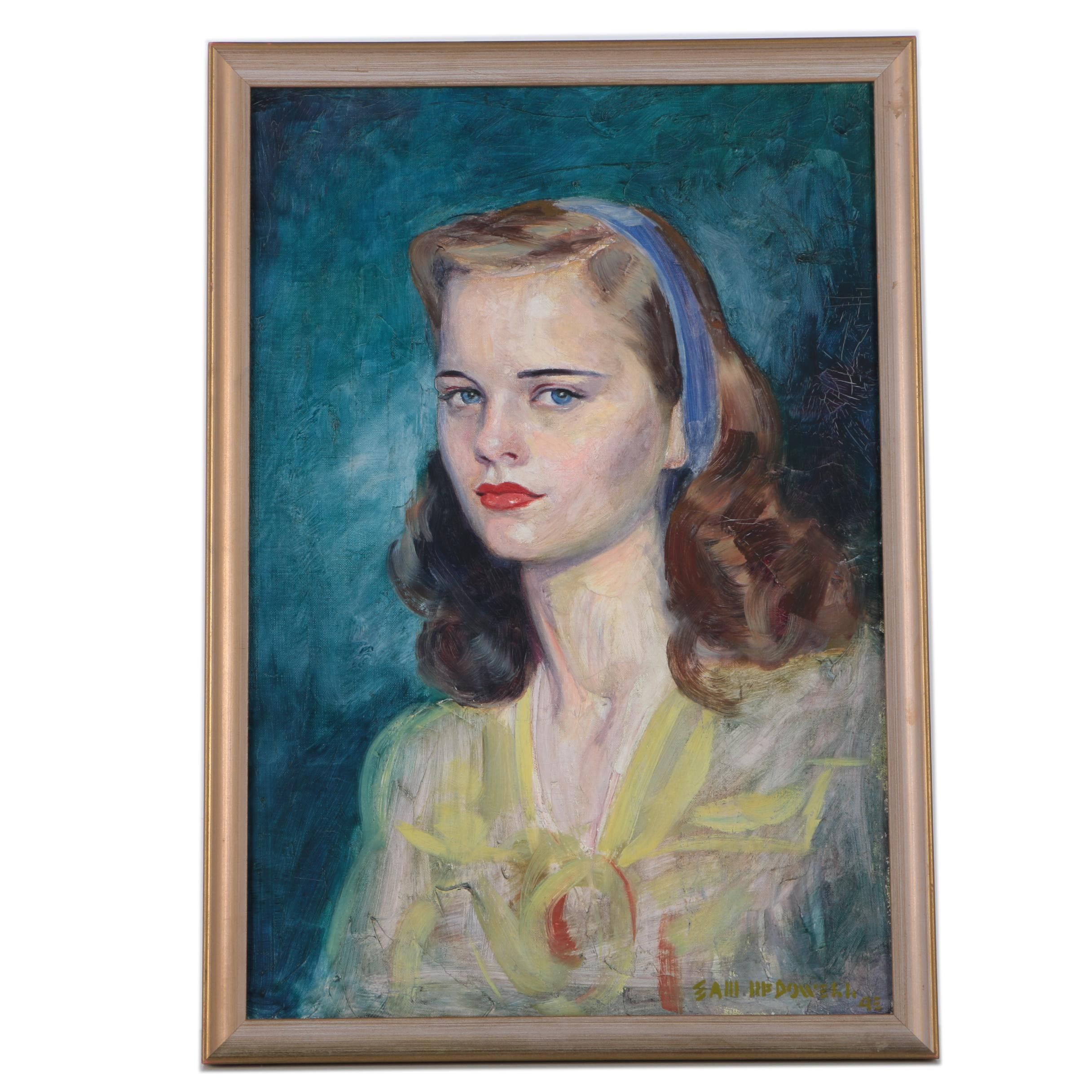 Mid-Century Oil on Canvas of Woman With Yellow Dress and Blue Headband