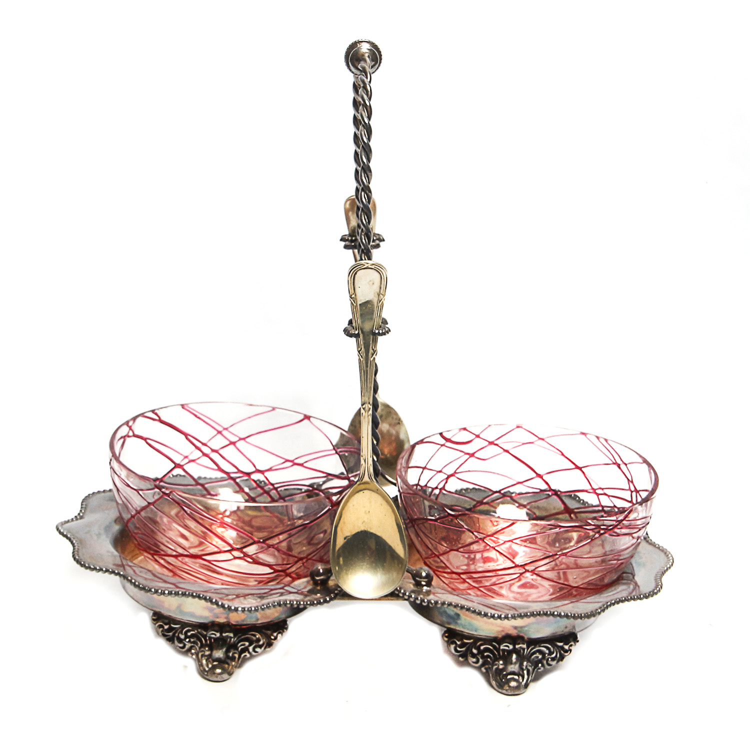 Plated Forbes Silver Co. Caddy with Latticino Glass Bowls