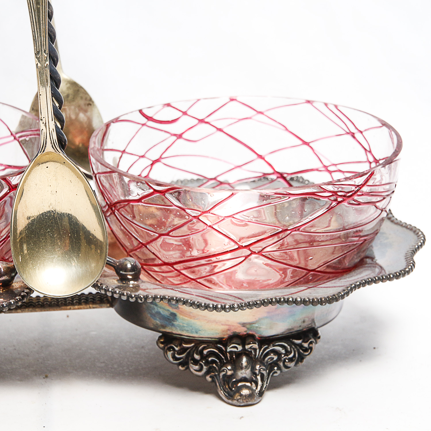 Plated Forbes Silver Co. Caddy with Latticino Glass Bowls