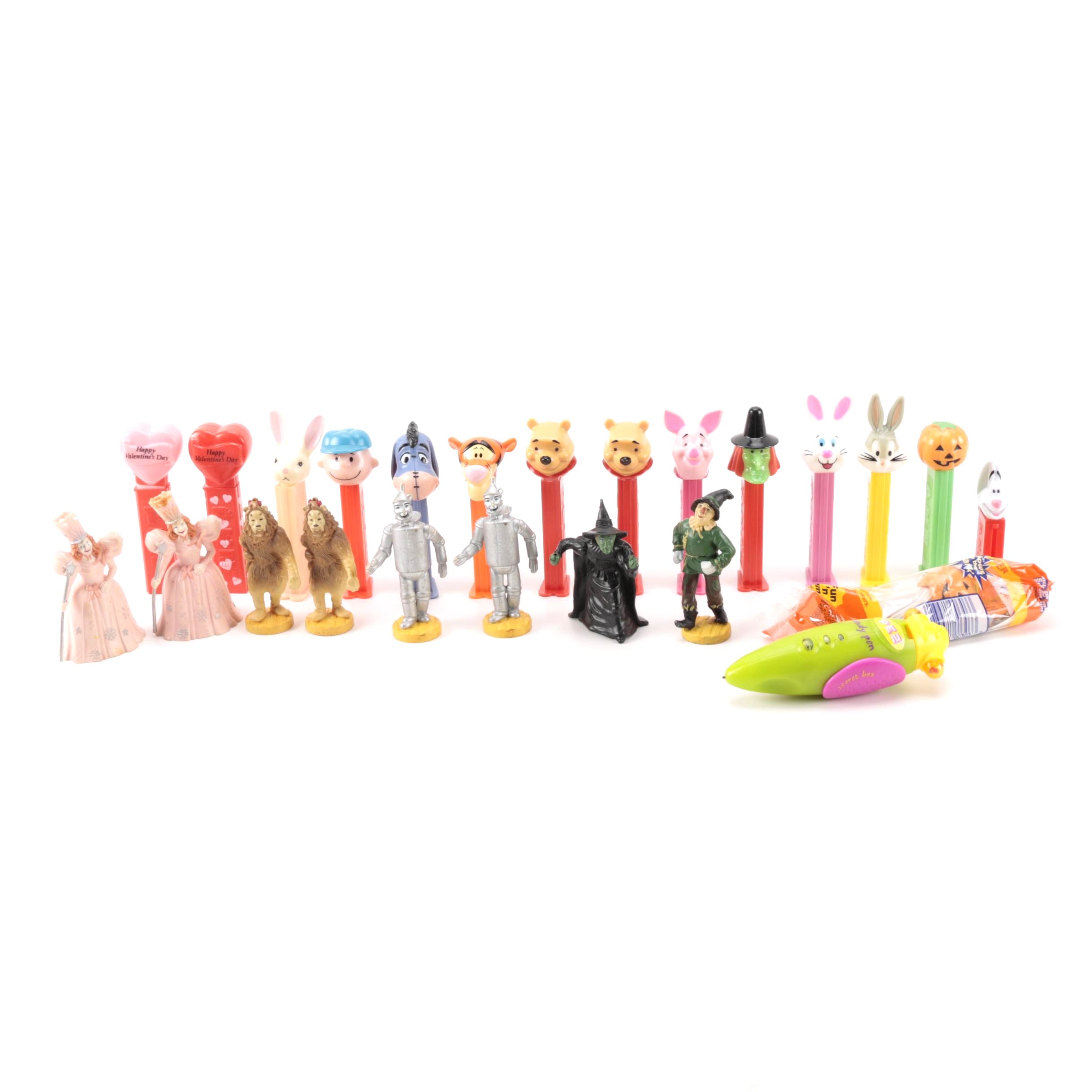 Pez Dispenser Collection Featuring Winnie the Pooh and Wizard of Oz Figurines