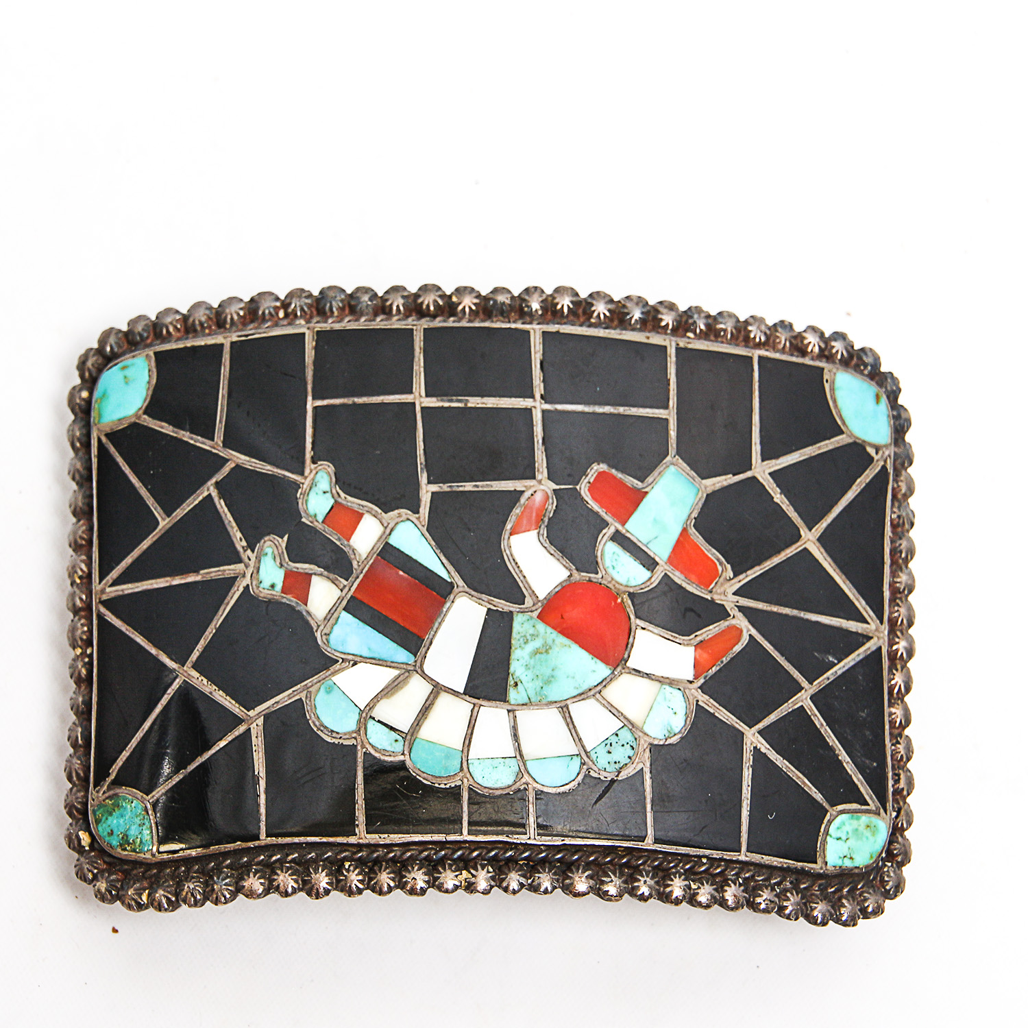 Sterling Silver Mosaic Gemstone Inlay Rainbow Kachina Belt Buckle