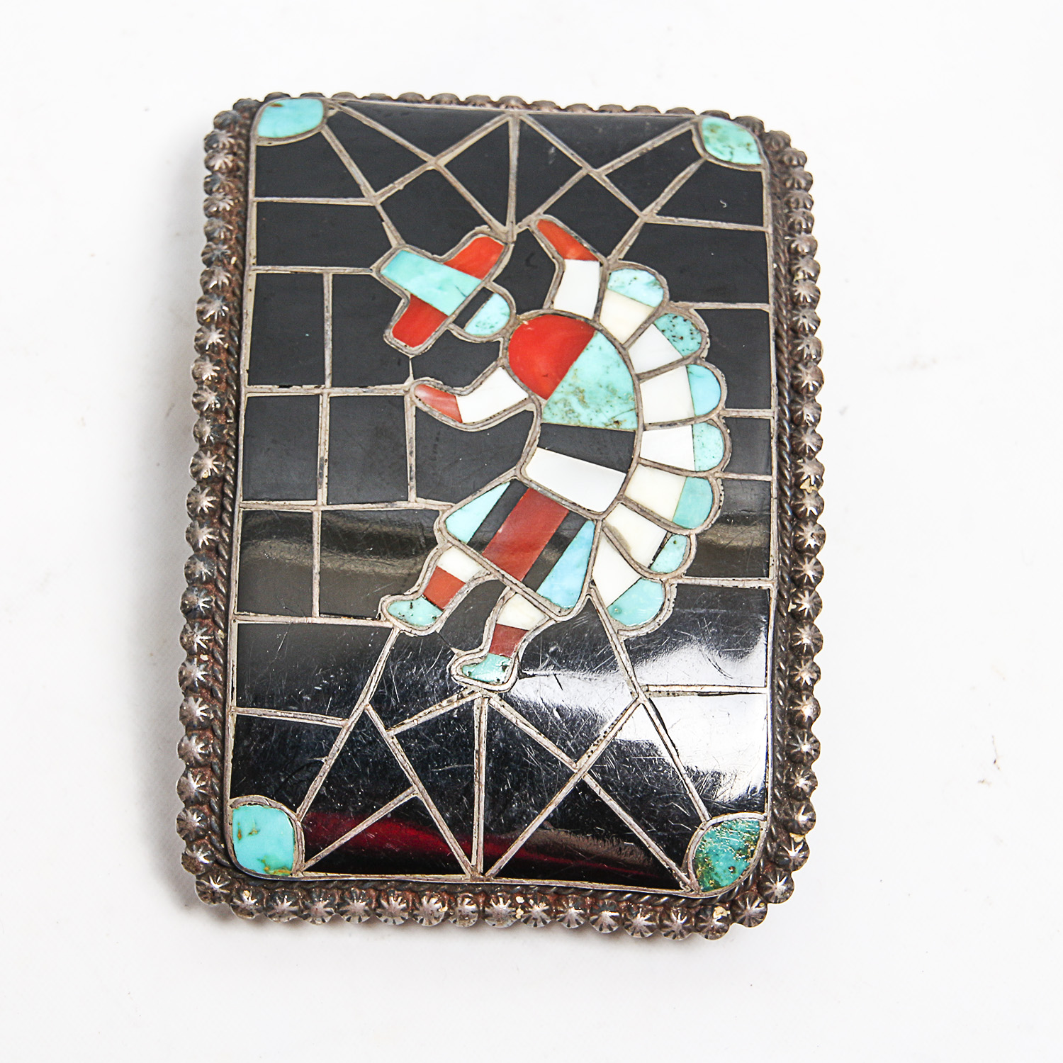 Sterling Silver Mosaic Gemstone Inlay Rainbow Kachina Belt Buckle