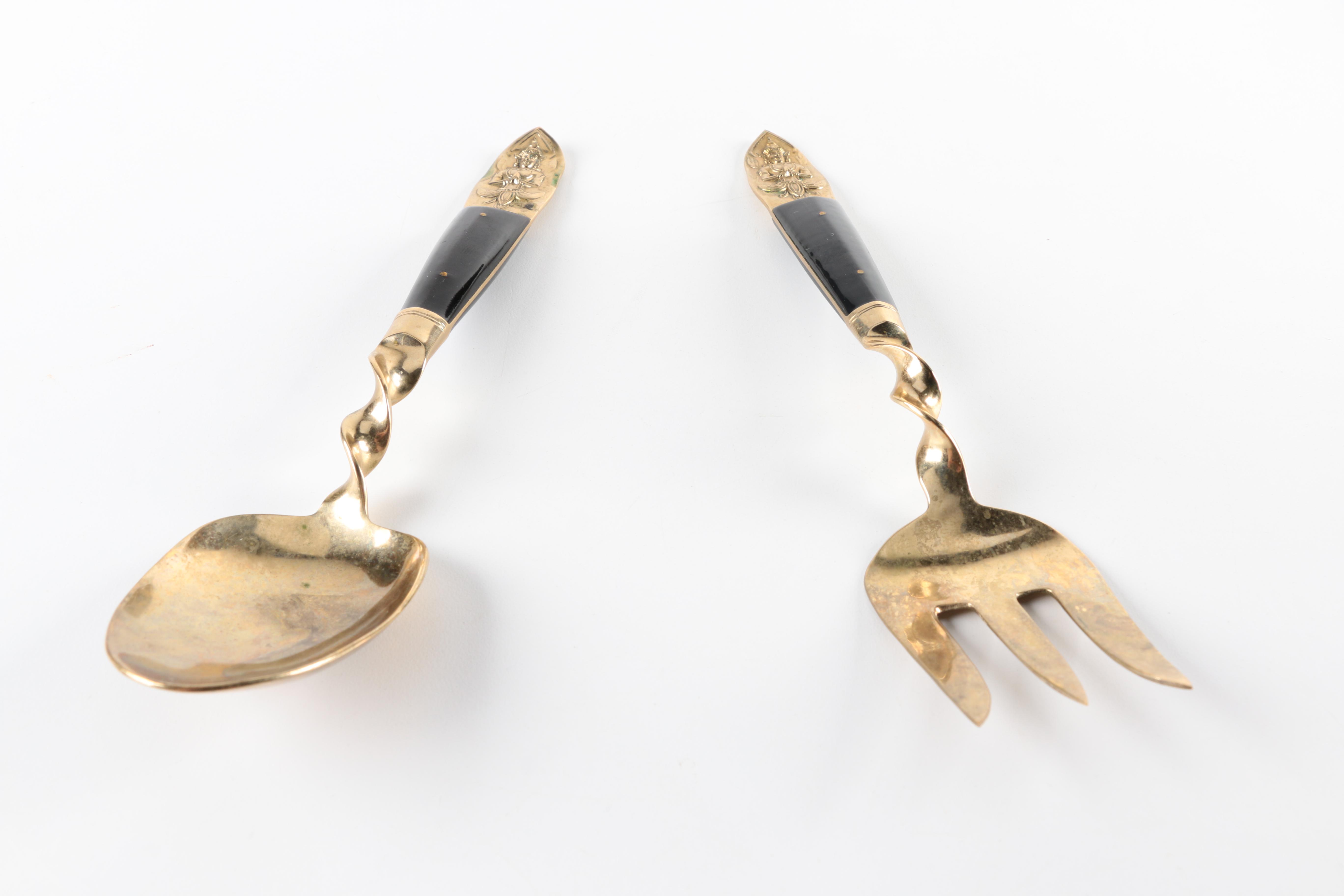 Mid-Century Thai Bronzeware Serving Utensils in a Presentation Case