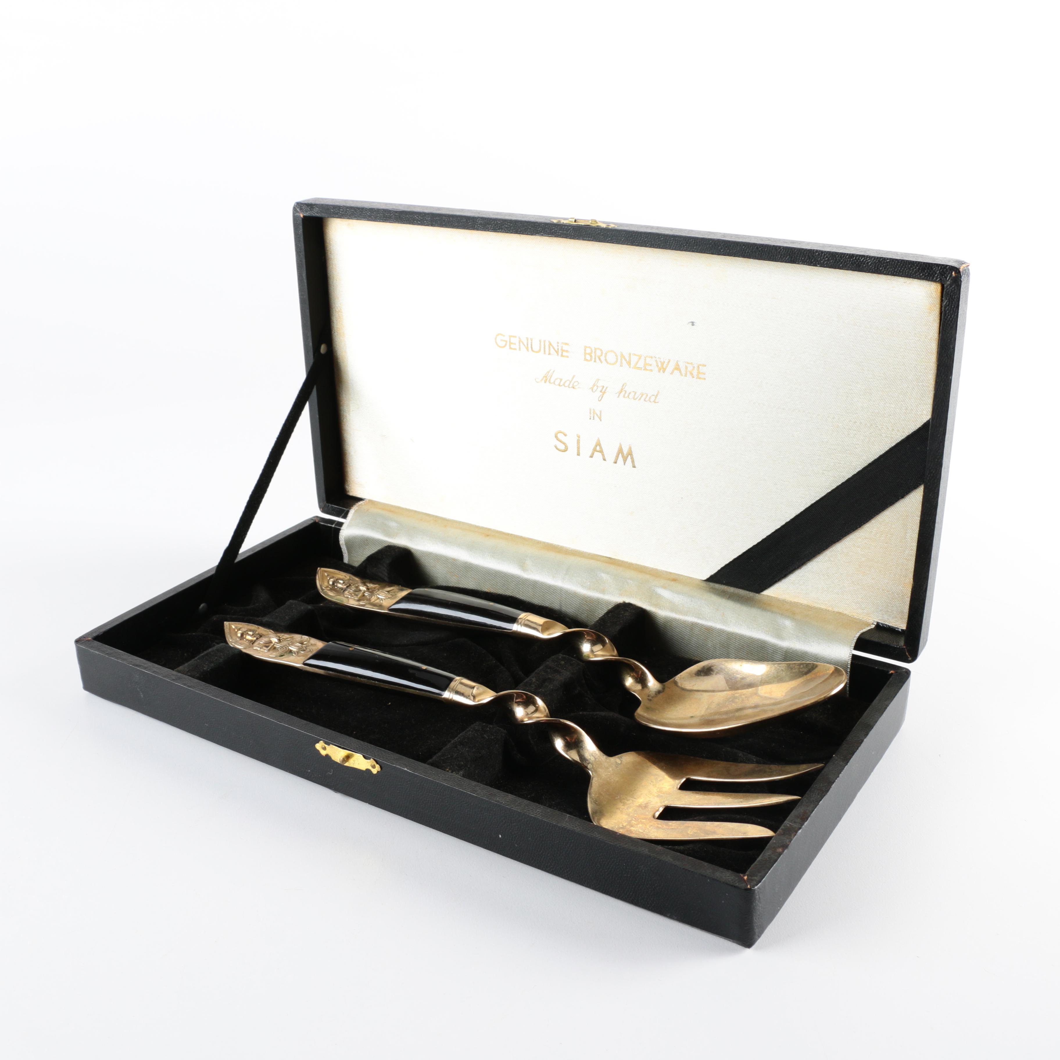 Mid-Century Thai Bronzeware Serving Utensils in a Presentation Case