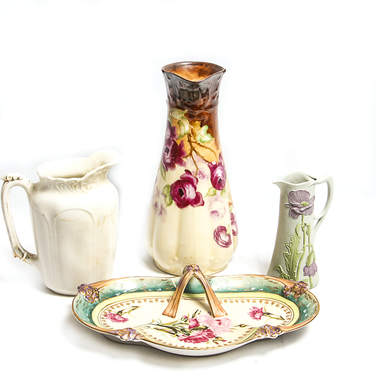 Grouping of Porcelain Pitchers with Ludwigsburg Dish