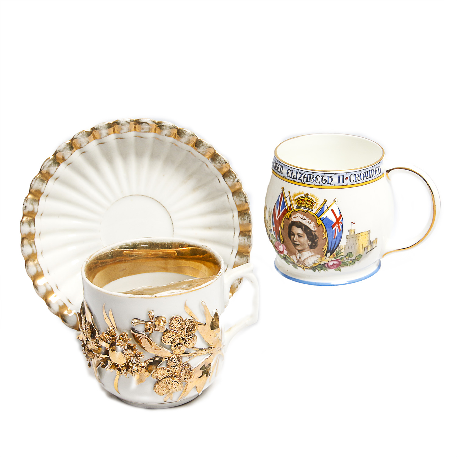 Antique Moustache Mug and Aynsley 1953 Queen Elizabeth II Mug