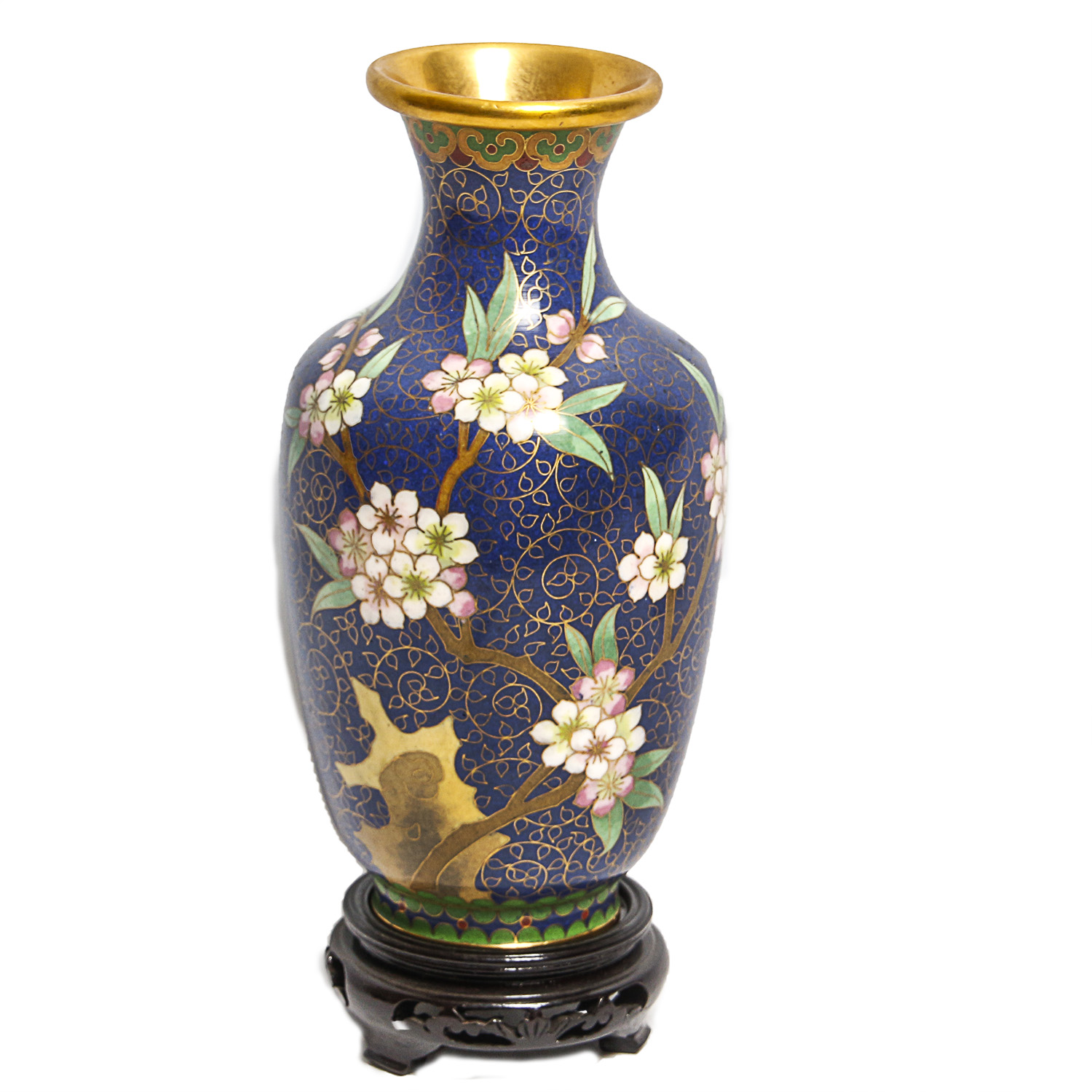 Cloisonné Vase with Cherry Blossoms and Wooden Stand