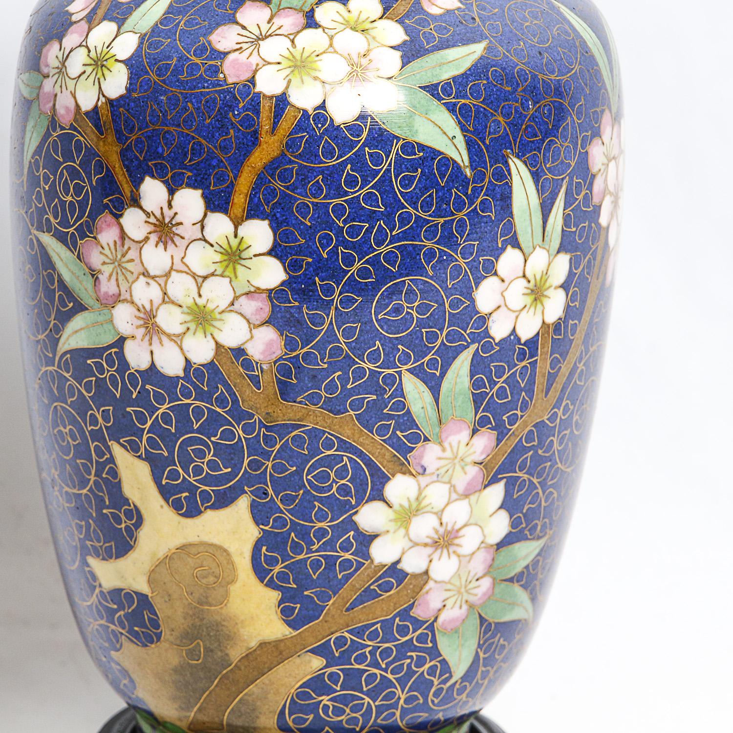 Cloisonné Vase with Cherry Blossoms and Wooden Stand