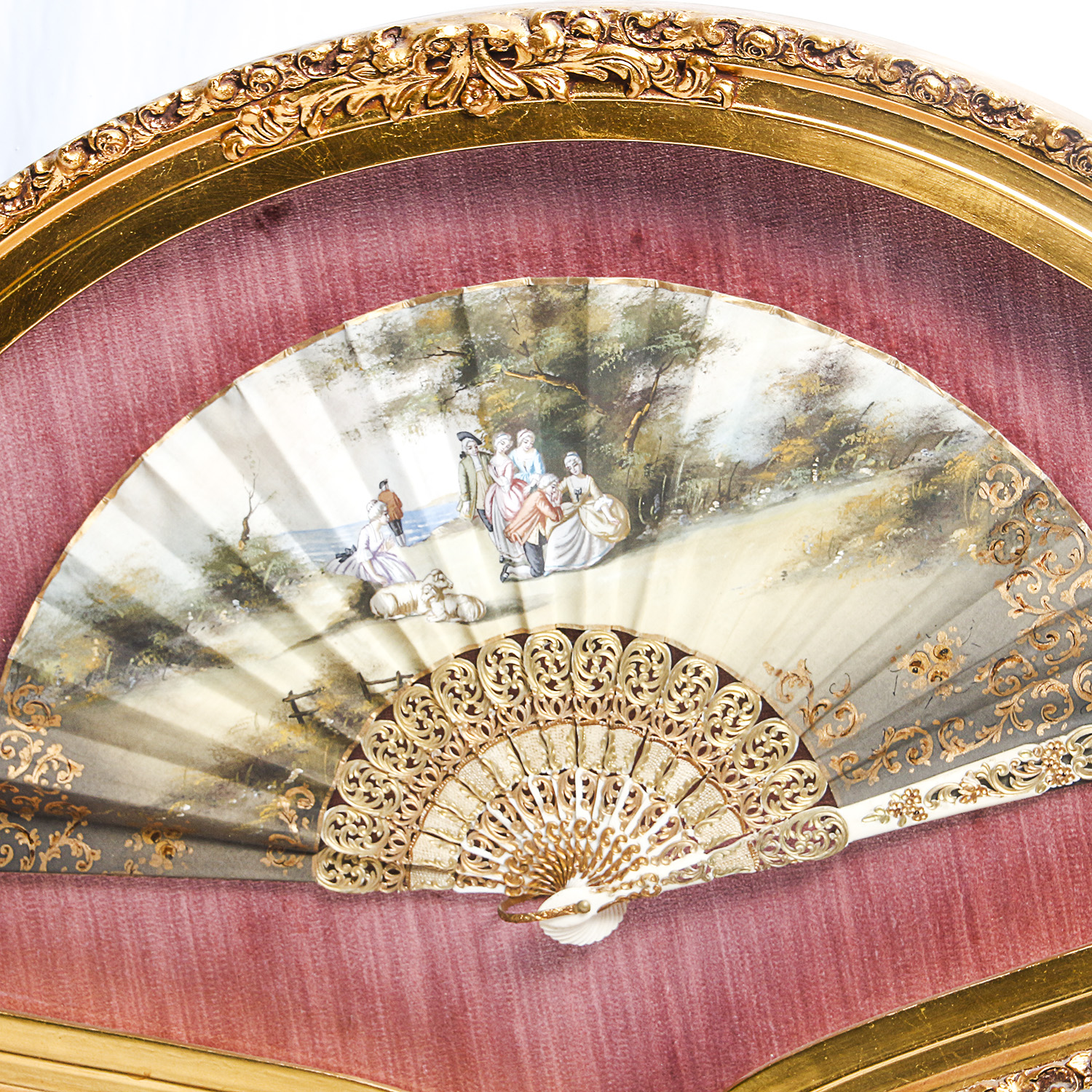 Handpainted Fan in an Ornately Carved Wooden Frame with Gilt