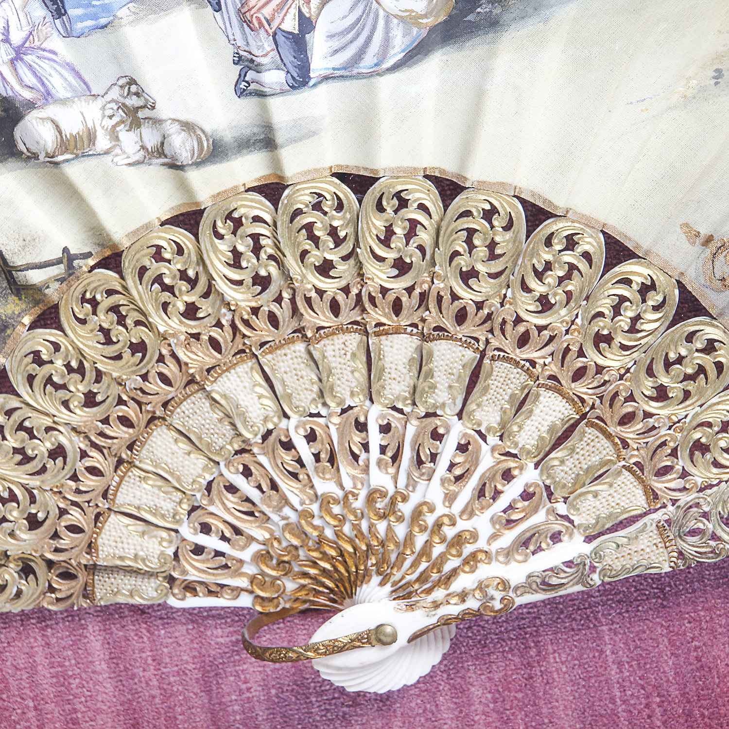Handpainted Fan in an Ornately Carved Wooden Frame with Gilt