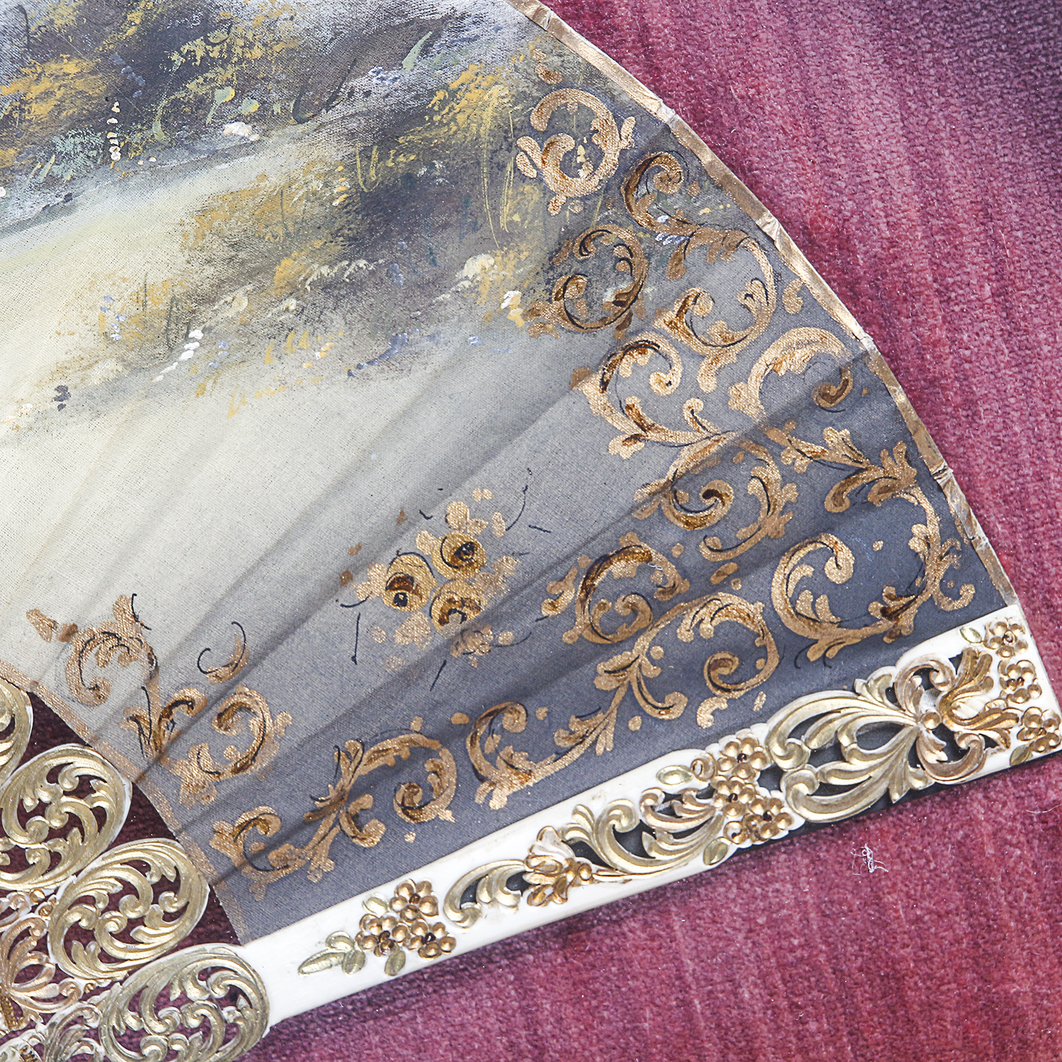 Handpainted Fan in an Ornately Carved Wooden Frame with Gilt