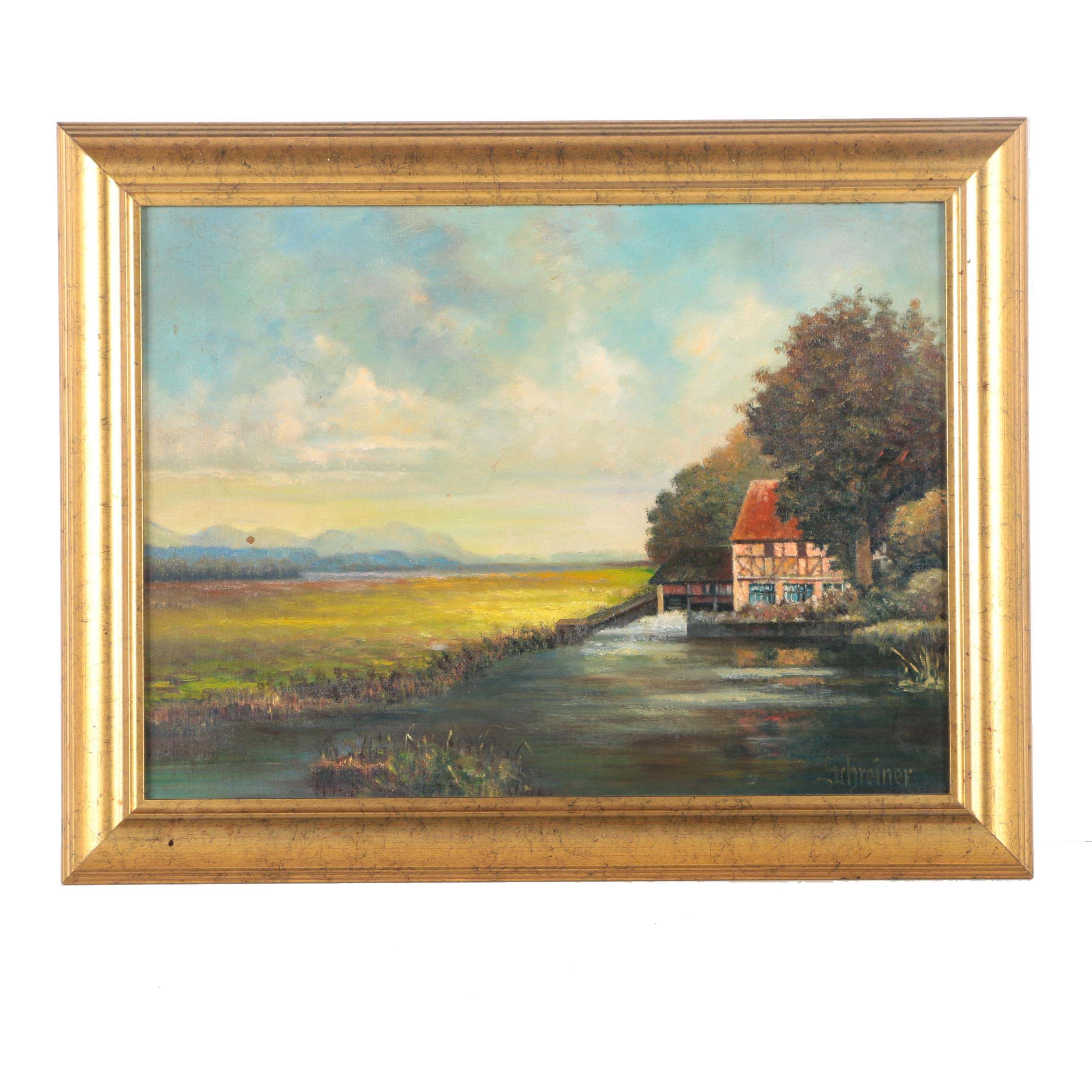 Schreiner Oil on Board of an Old Mill