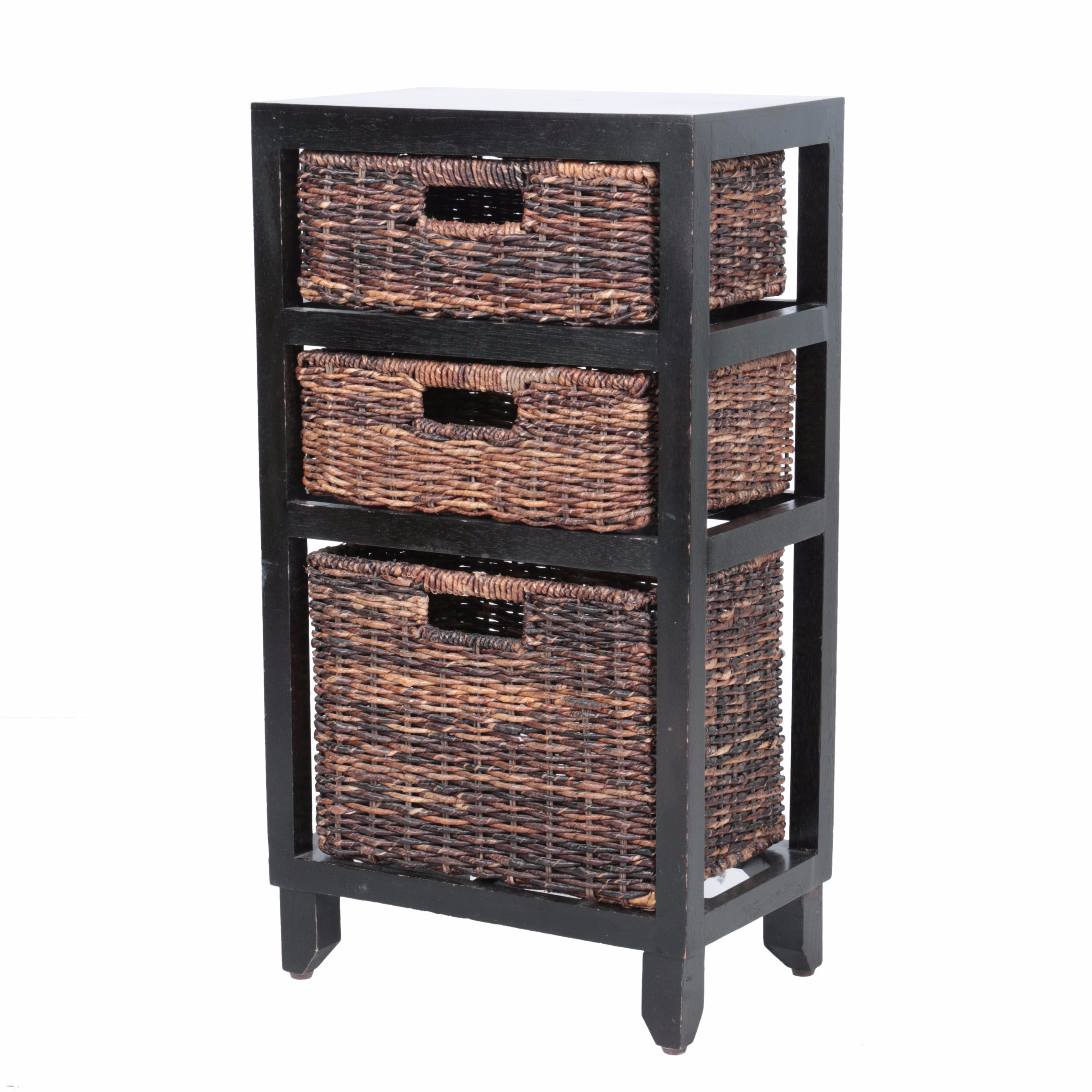 Contemporary Wooden Shelf With Wicker Baskets