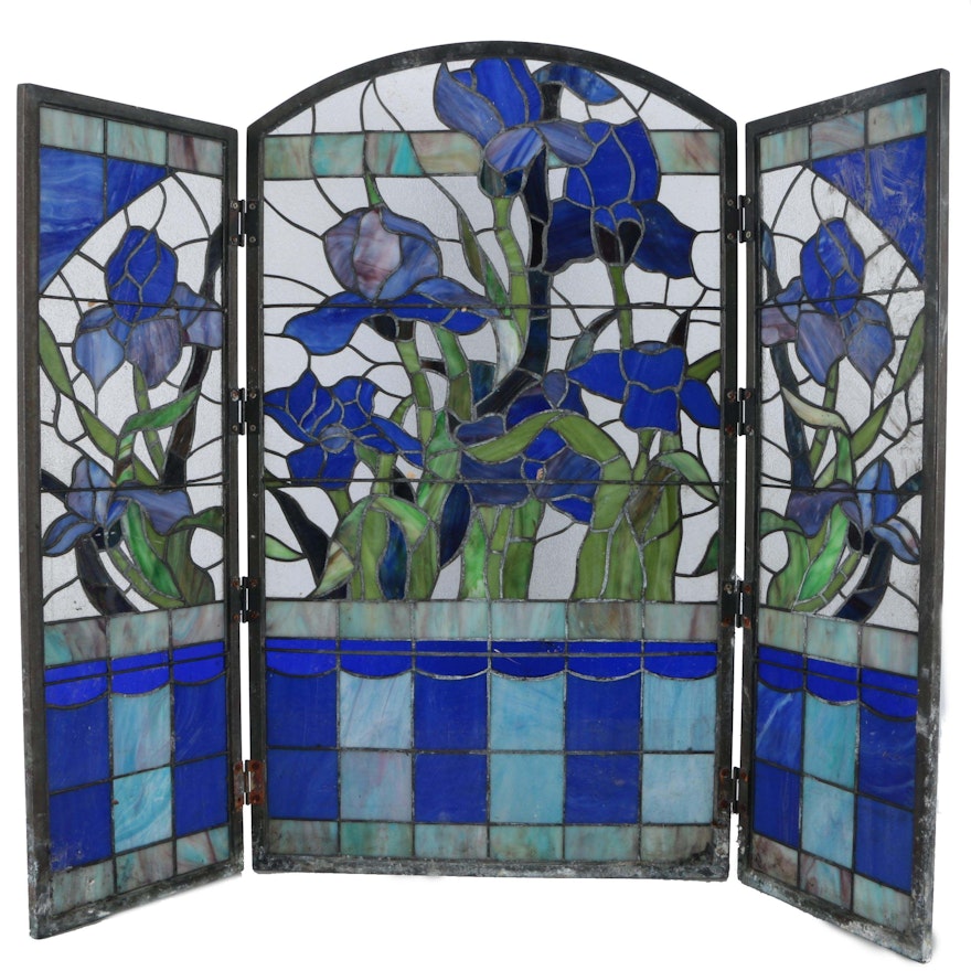 Slag Glass Fireplace Screen with Irises