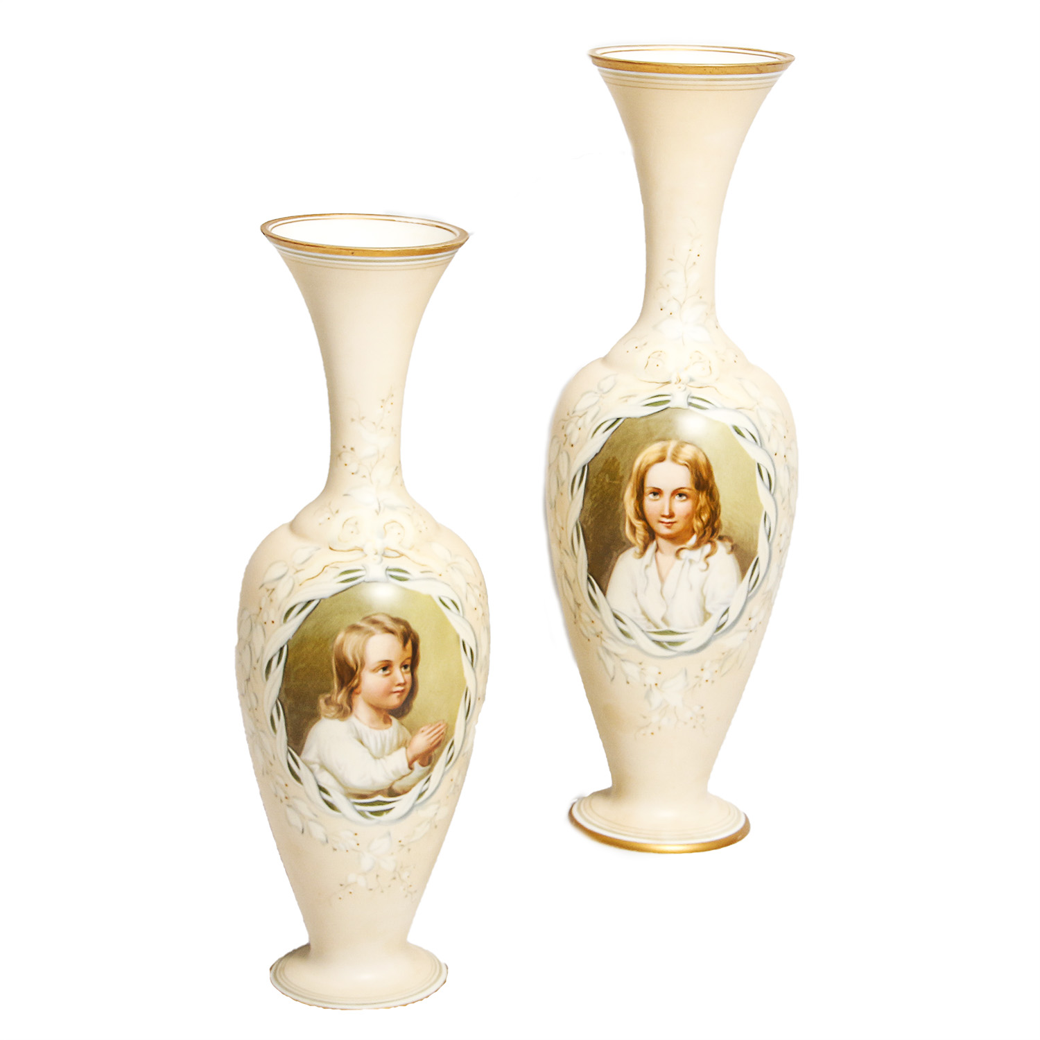 Pair of Handpainted Opaline Glass Vases