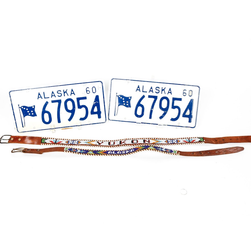 Vintage Alaskan License Plates and Beaded Leather Belts