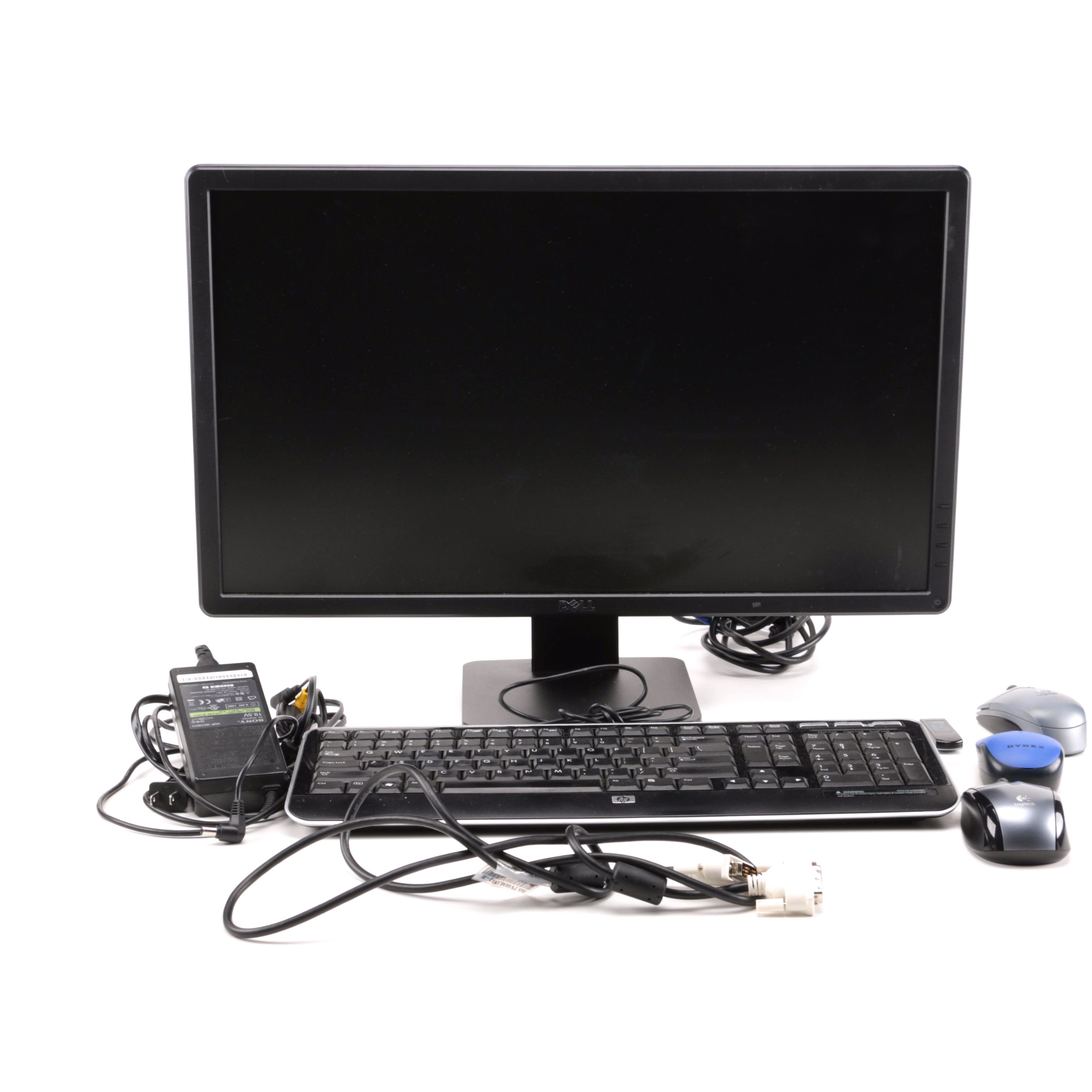 Flat Screen Dell Monitor, HP Keyboard and Other Computer Accessories