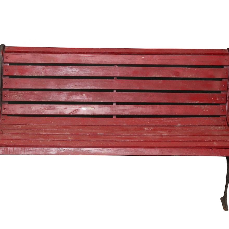 Red Wooden Bench with Iron Frame