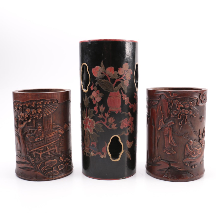 Carved Bamboo and Hand Painted Chinese Bush Pots