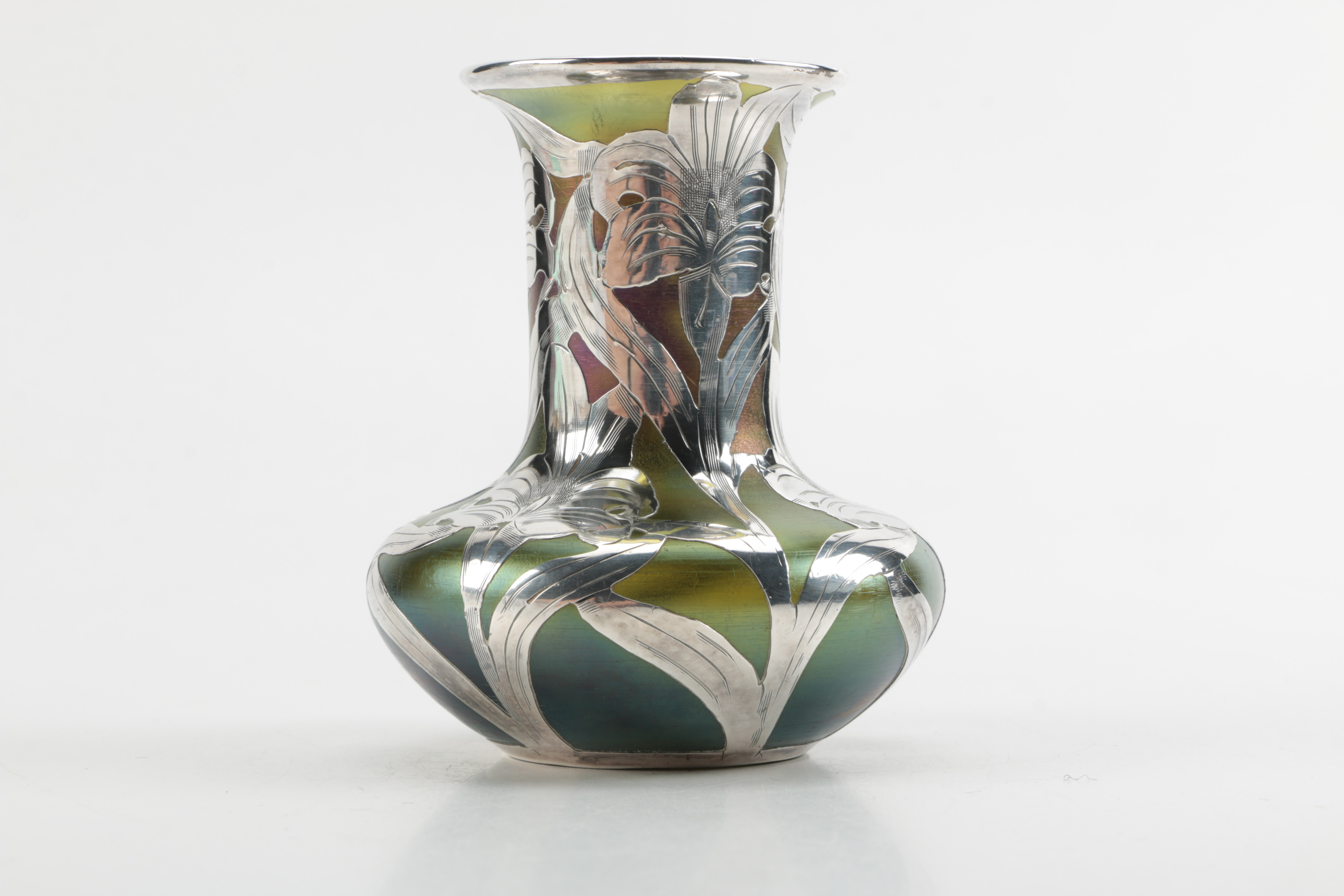 Art Nouveau Favrile Glass Bud Vase with Sterling Silver Overlay