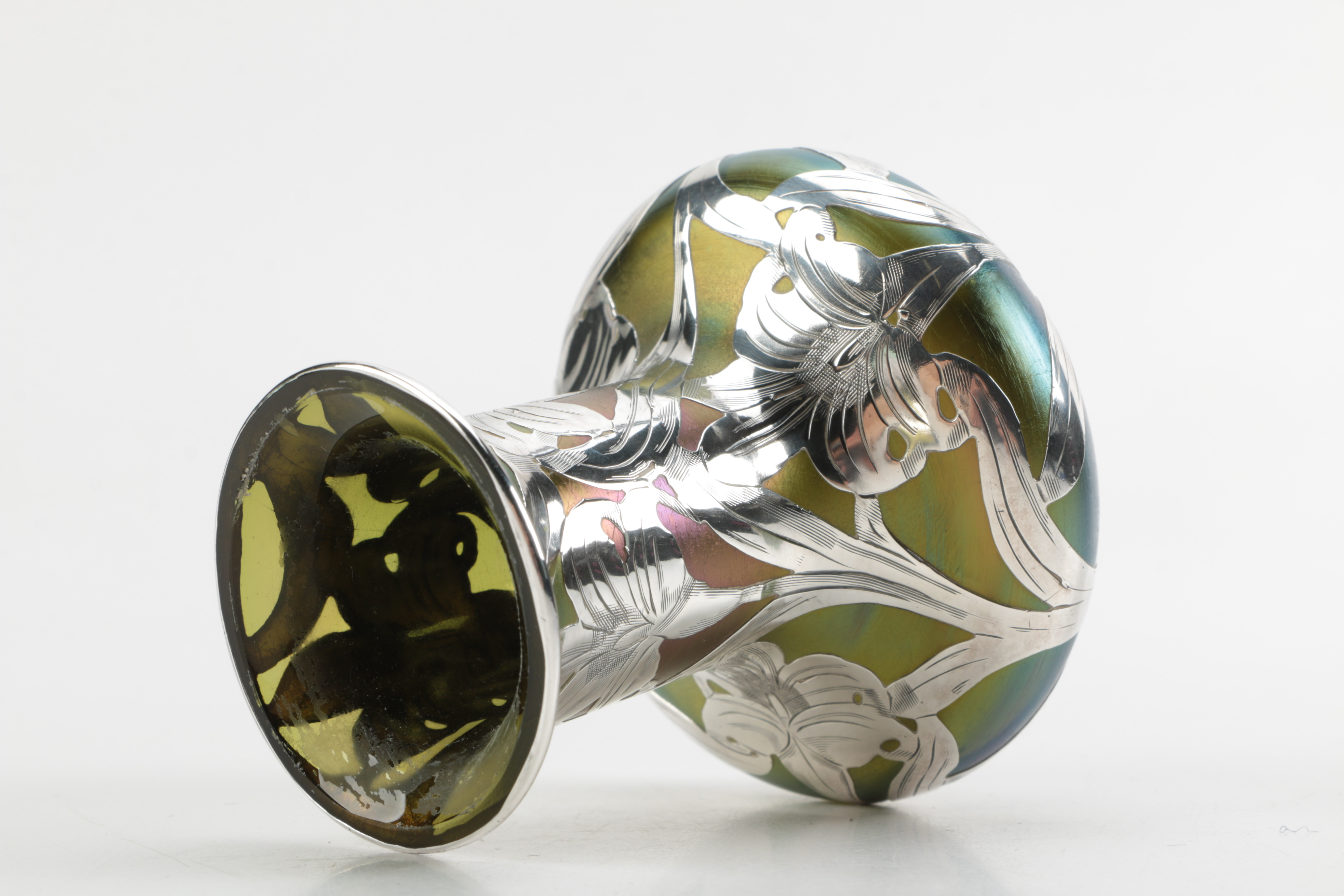 Art Nouveau Favrile Glass Bud Vase with Sterling Silver Overlay