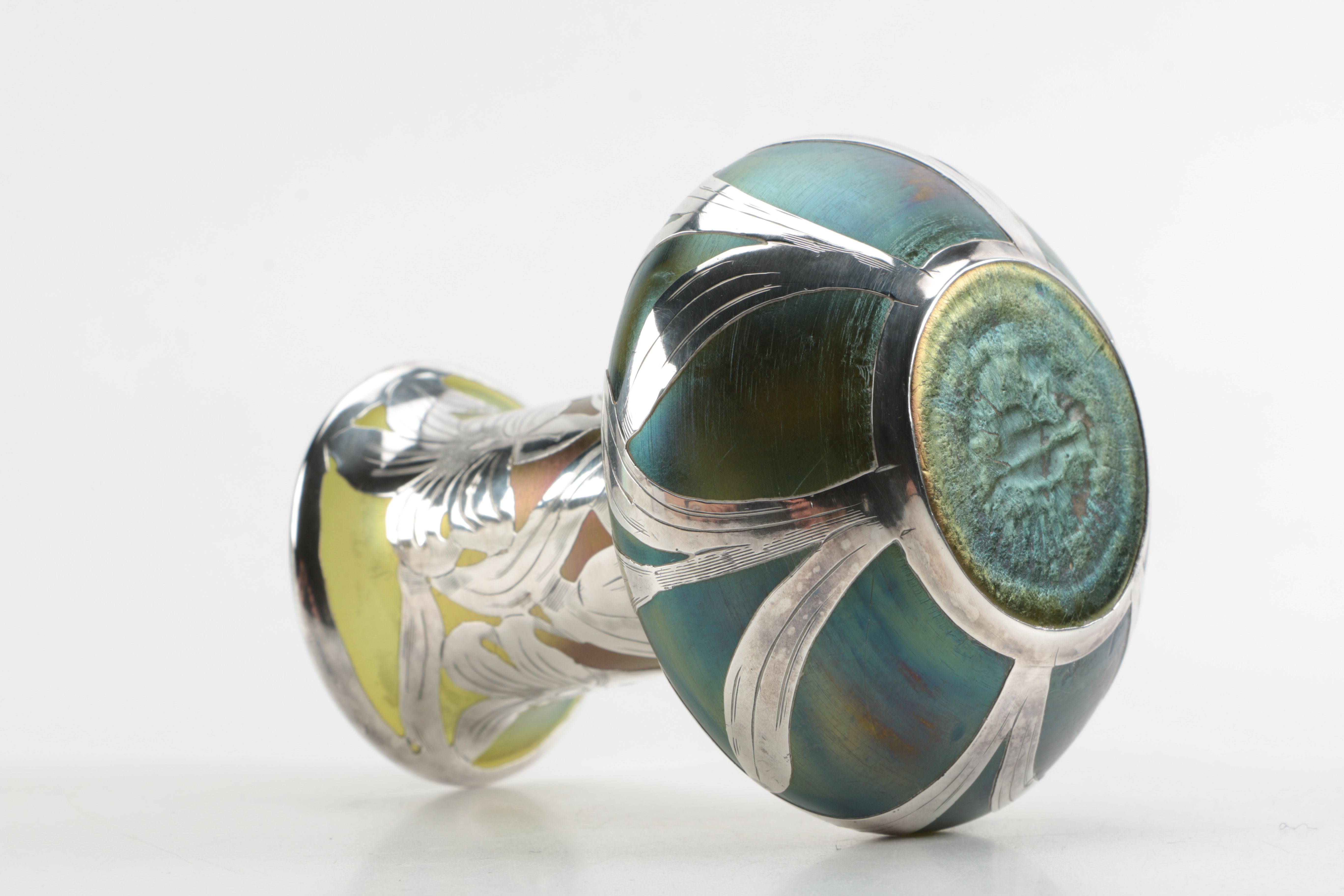 Art Nouveau Favrile Glass Bud Vase with Sterling Silver Overlay