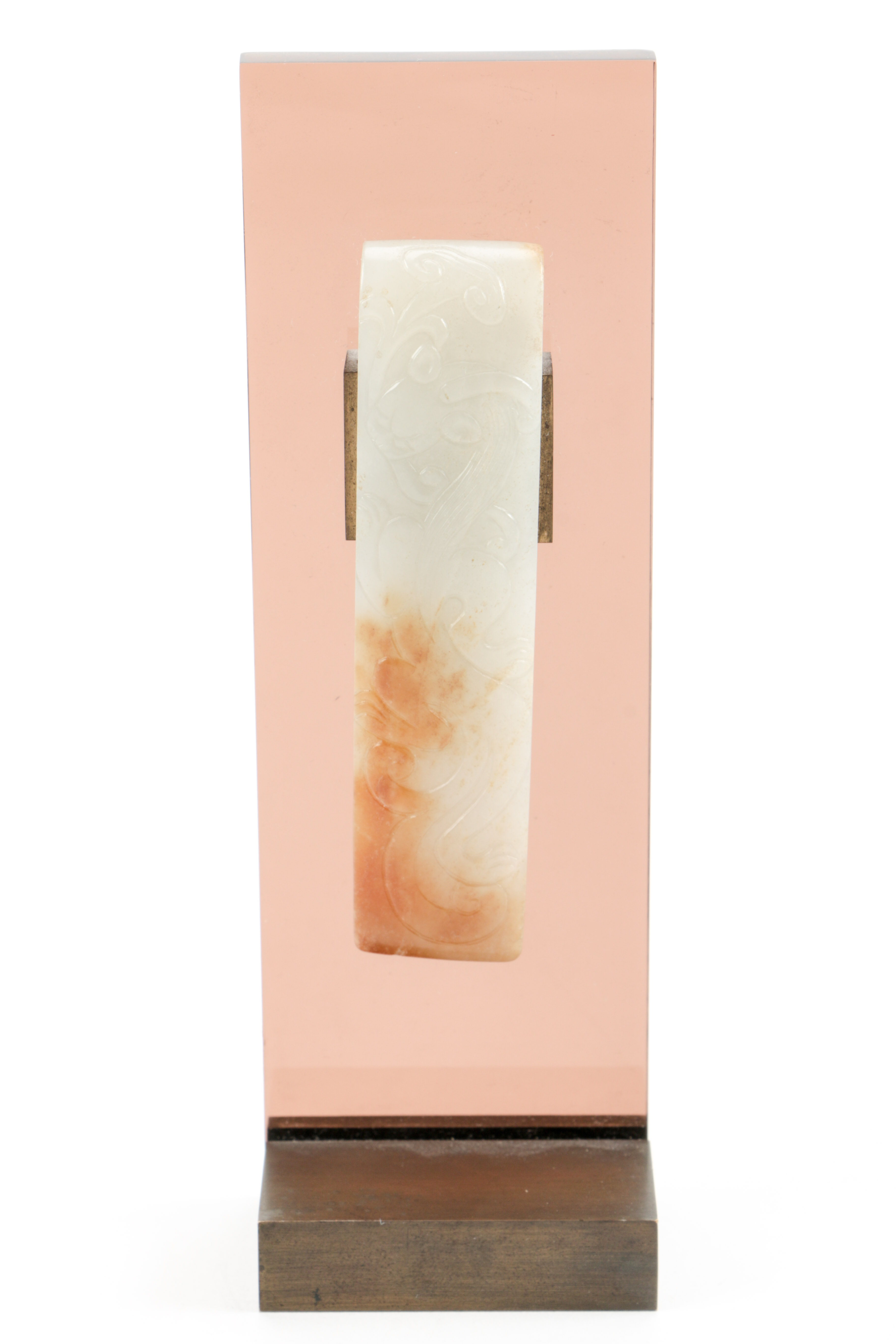 Chinese Carved Nephrite Belt Hook Mounted on Acrylic