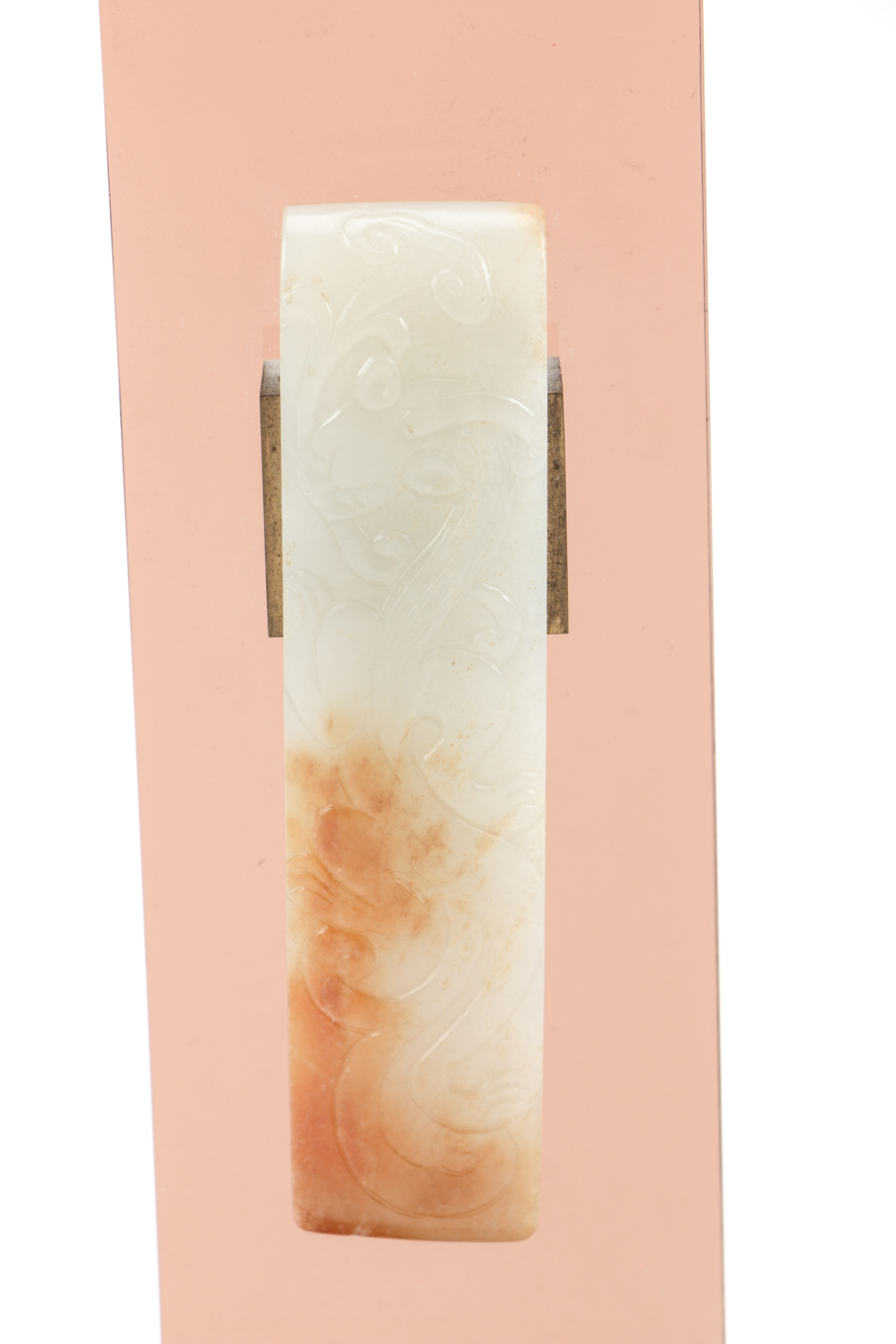 Chinese Carved Nephrite Belt Hook Mounted on Acrylic