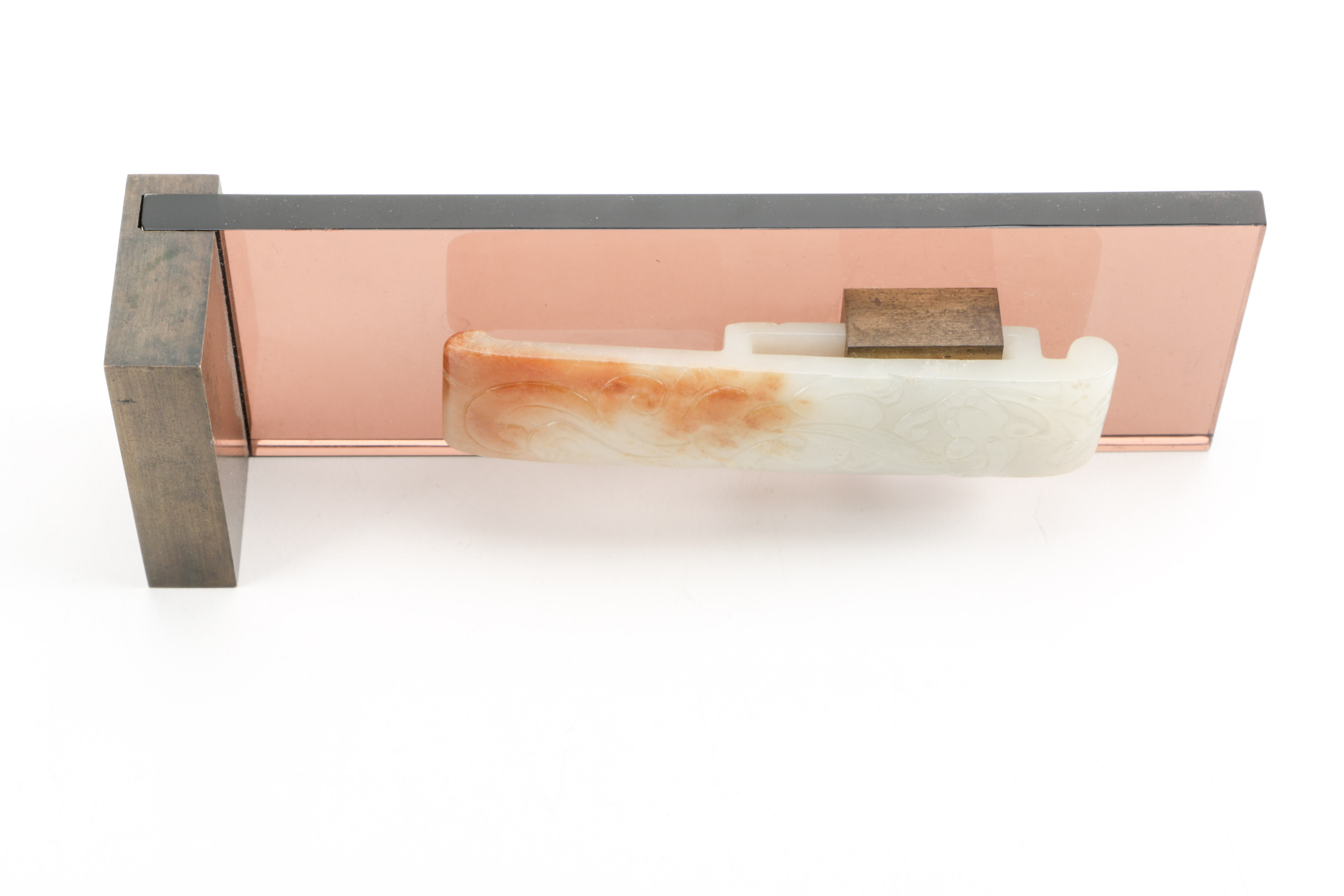 Chinese Carved Nephrite Belt Hook Mounted on Acrylic