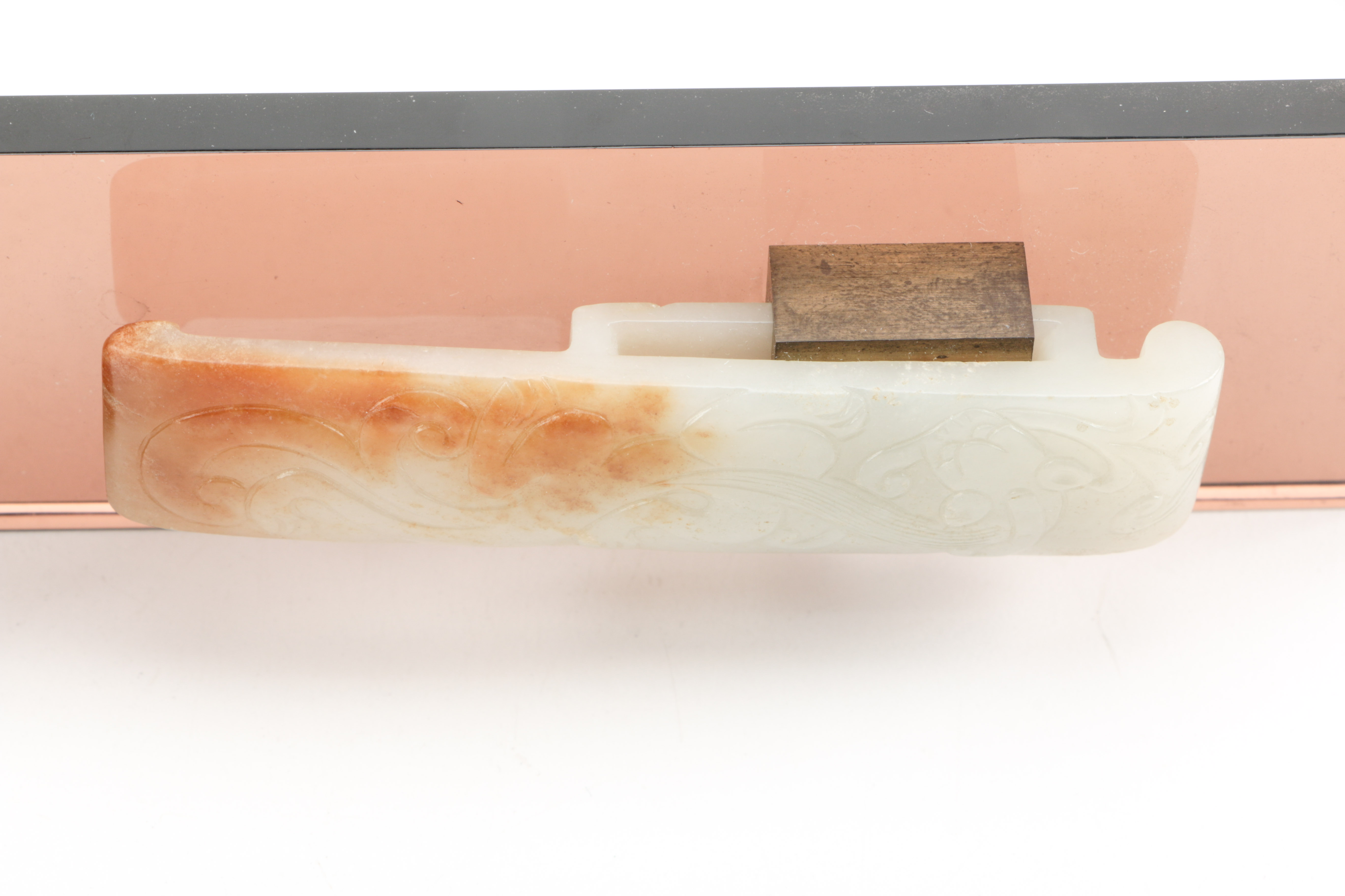 Chinese Carved Nephrite Belt Hook Mounted on Acrylic