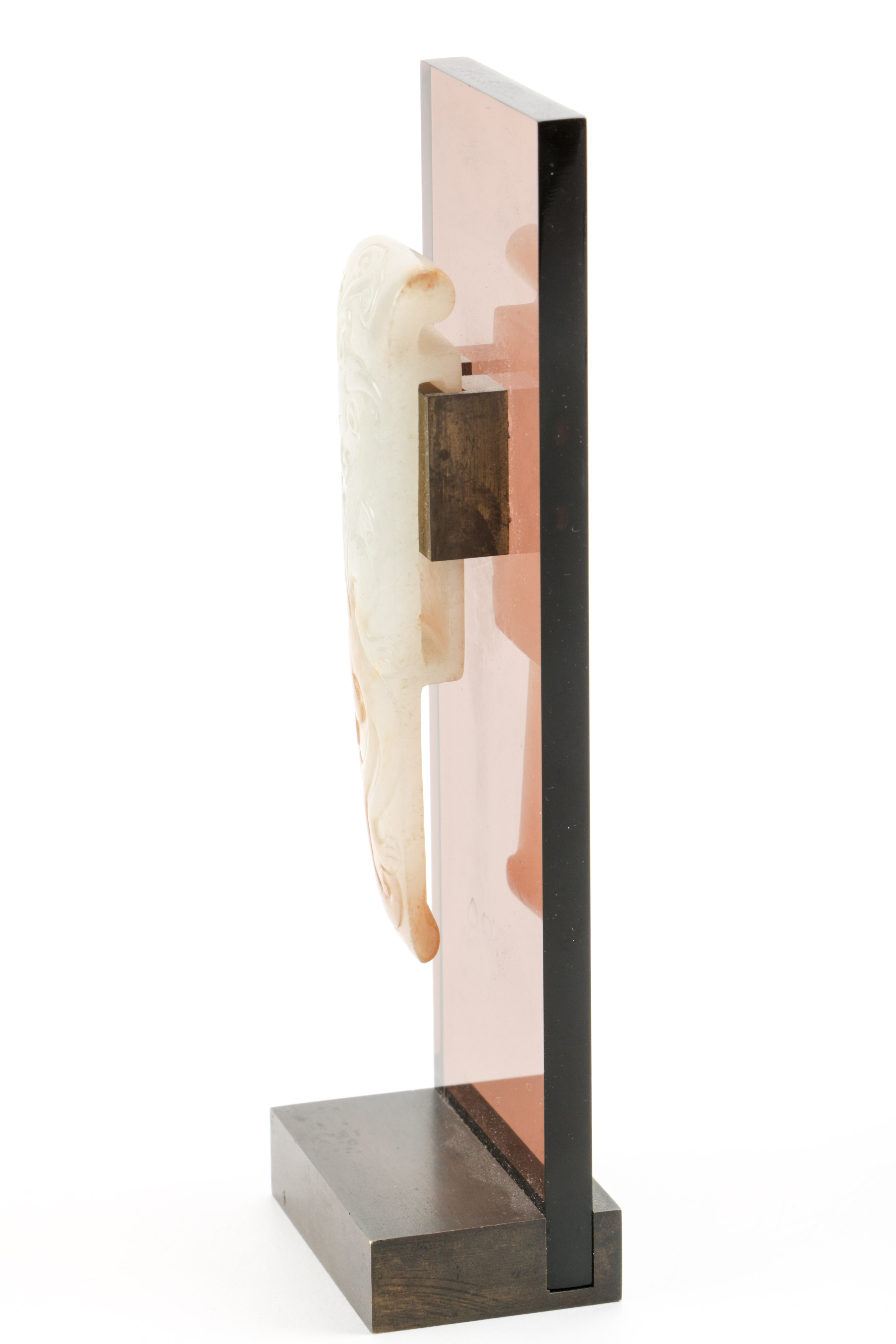 Chinese Carved Nephrite Belt Hook Mounted on Acrylic