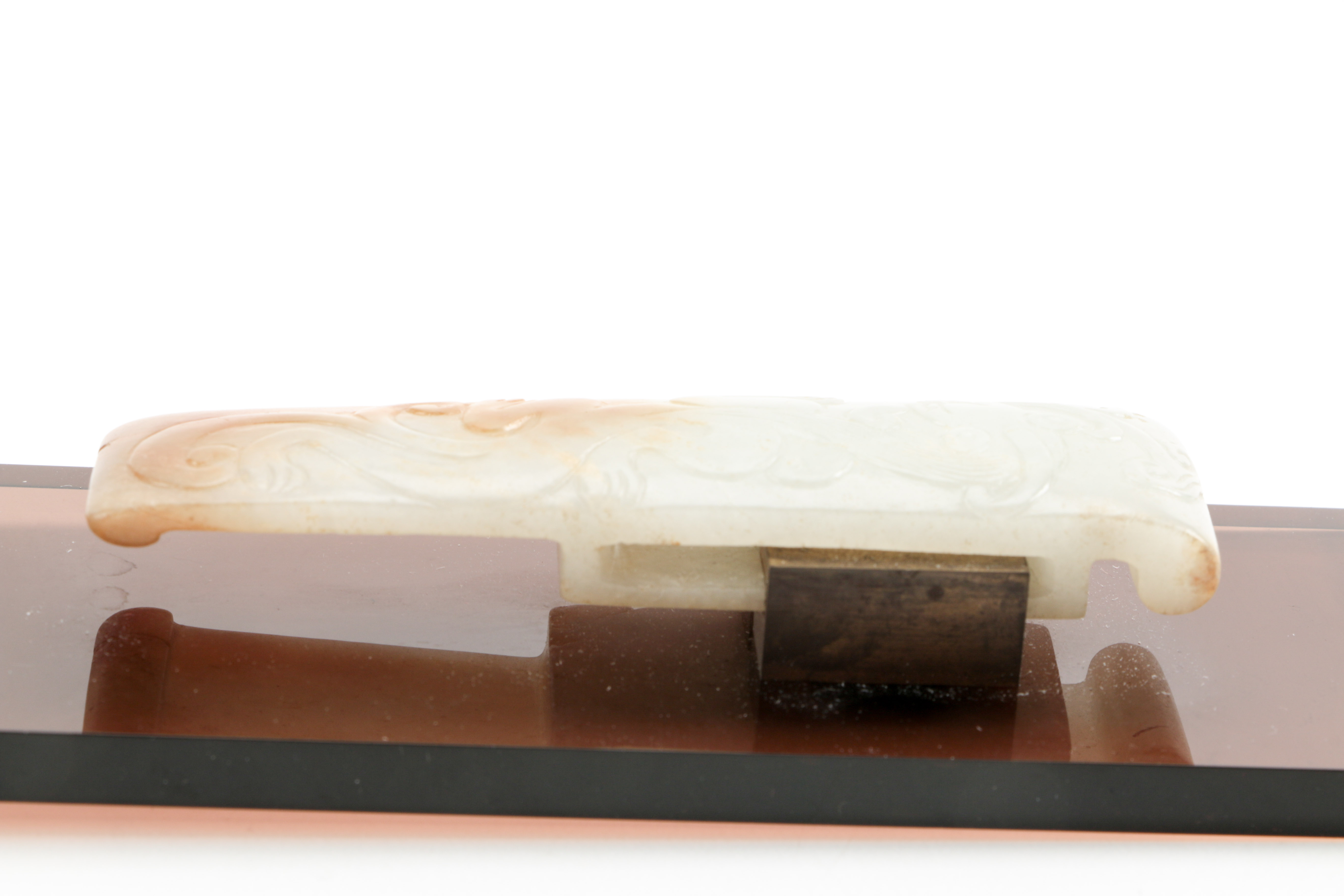 Chinese Carved Nephrite Belt Hook Mounted on Acrylic