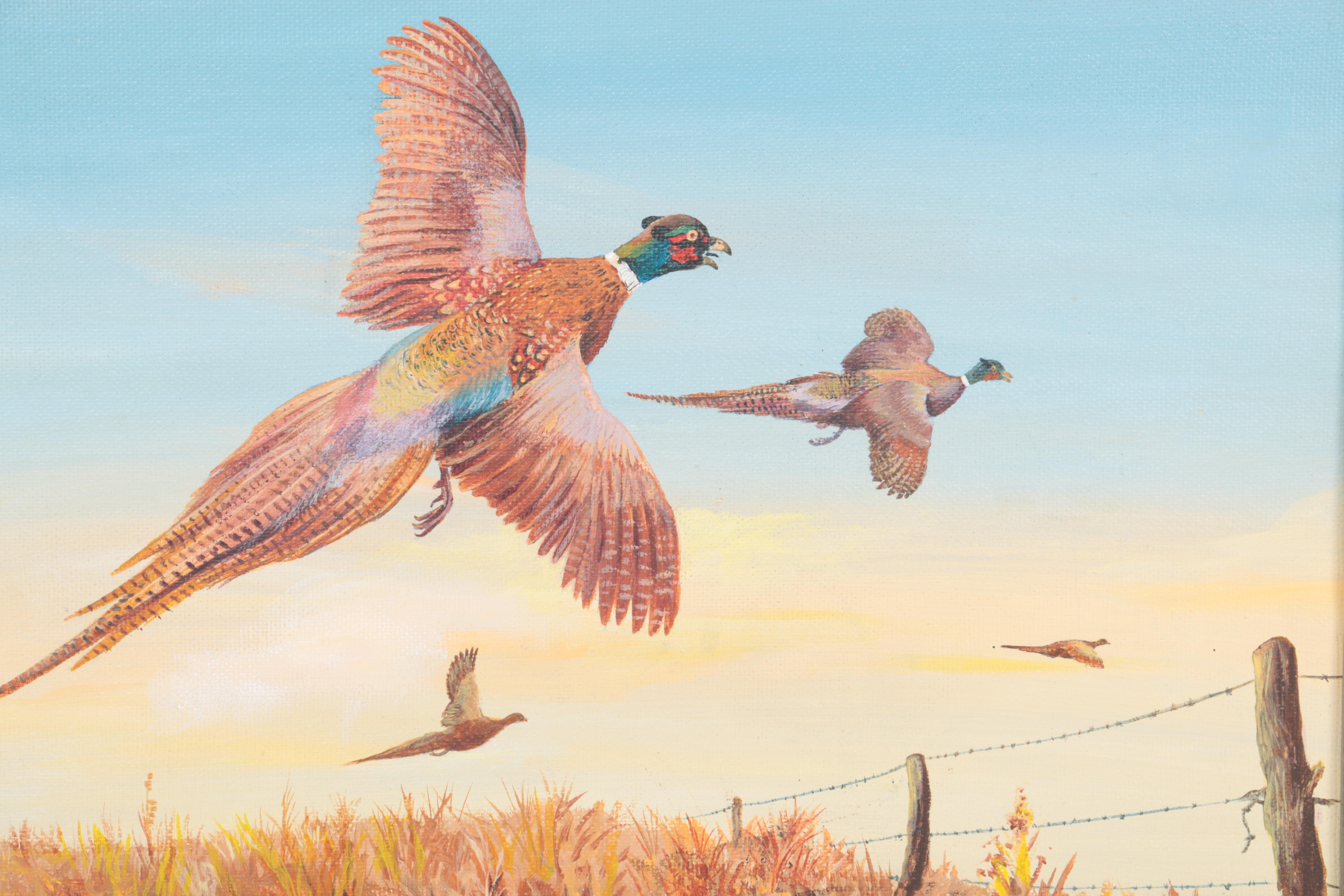 Charles O. Bennett Oil Painting on Canvas Board of Pheasants in Flight