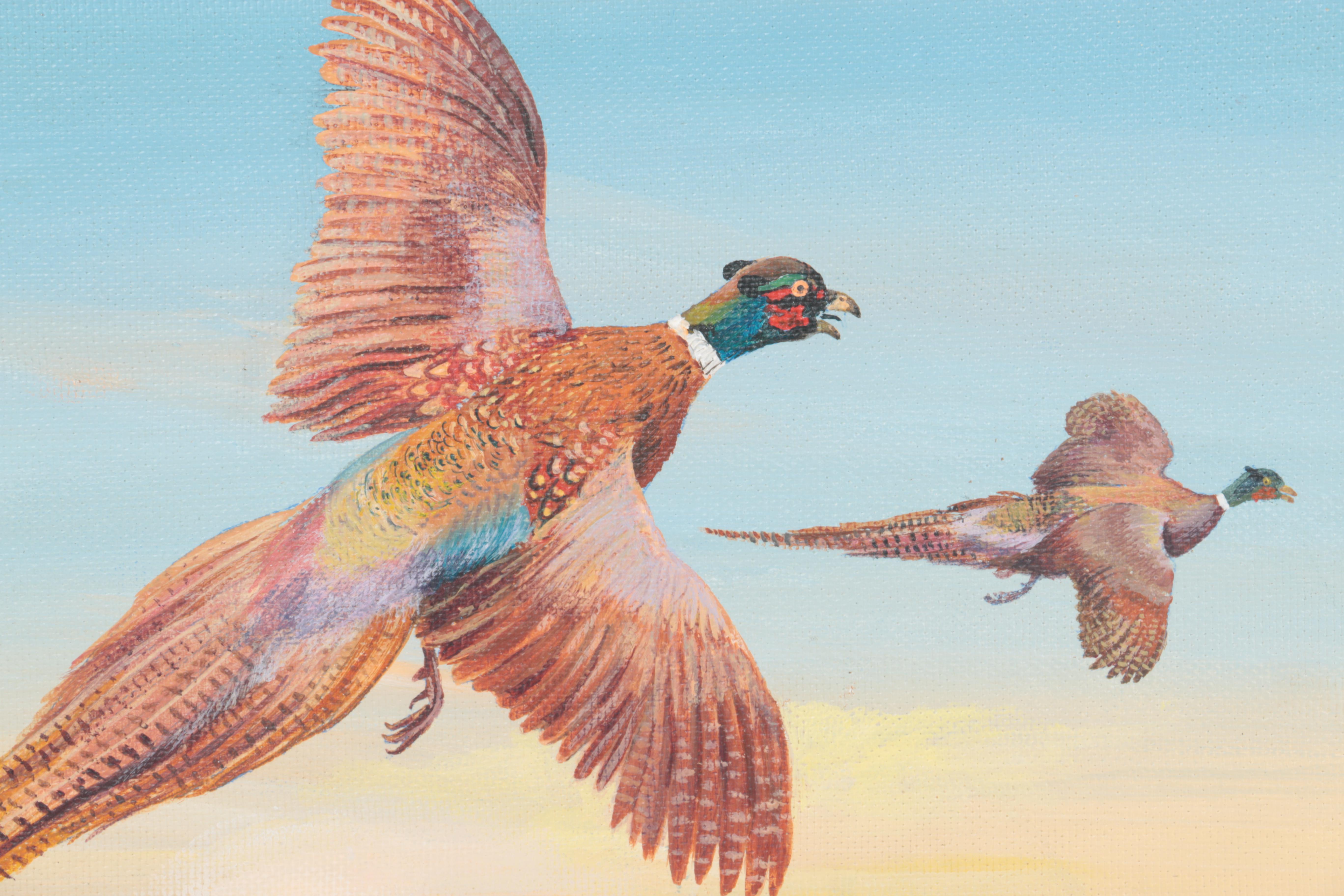 Charles O. Bennett Oil Painting on Canvas Board of Pheasants in Flight