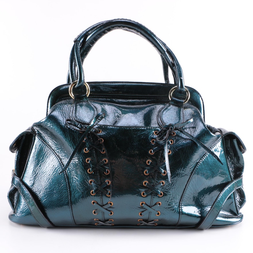 Teal Patent Leather Satchel Handbag