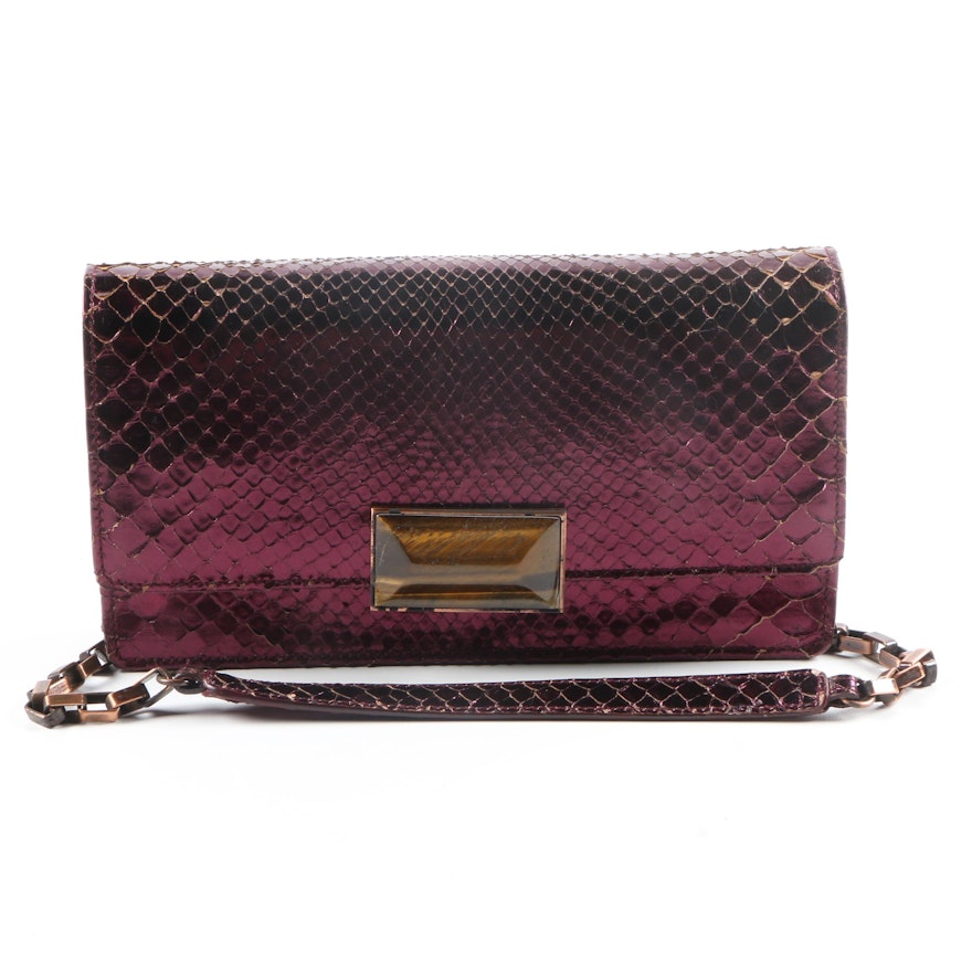 Jane Bolinger Maroon Snakeskin Clutch With Tigers Eye Clasp