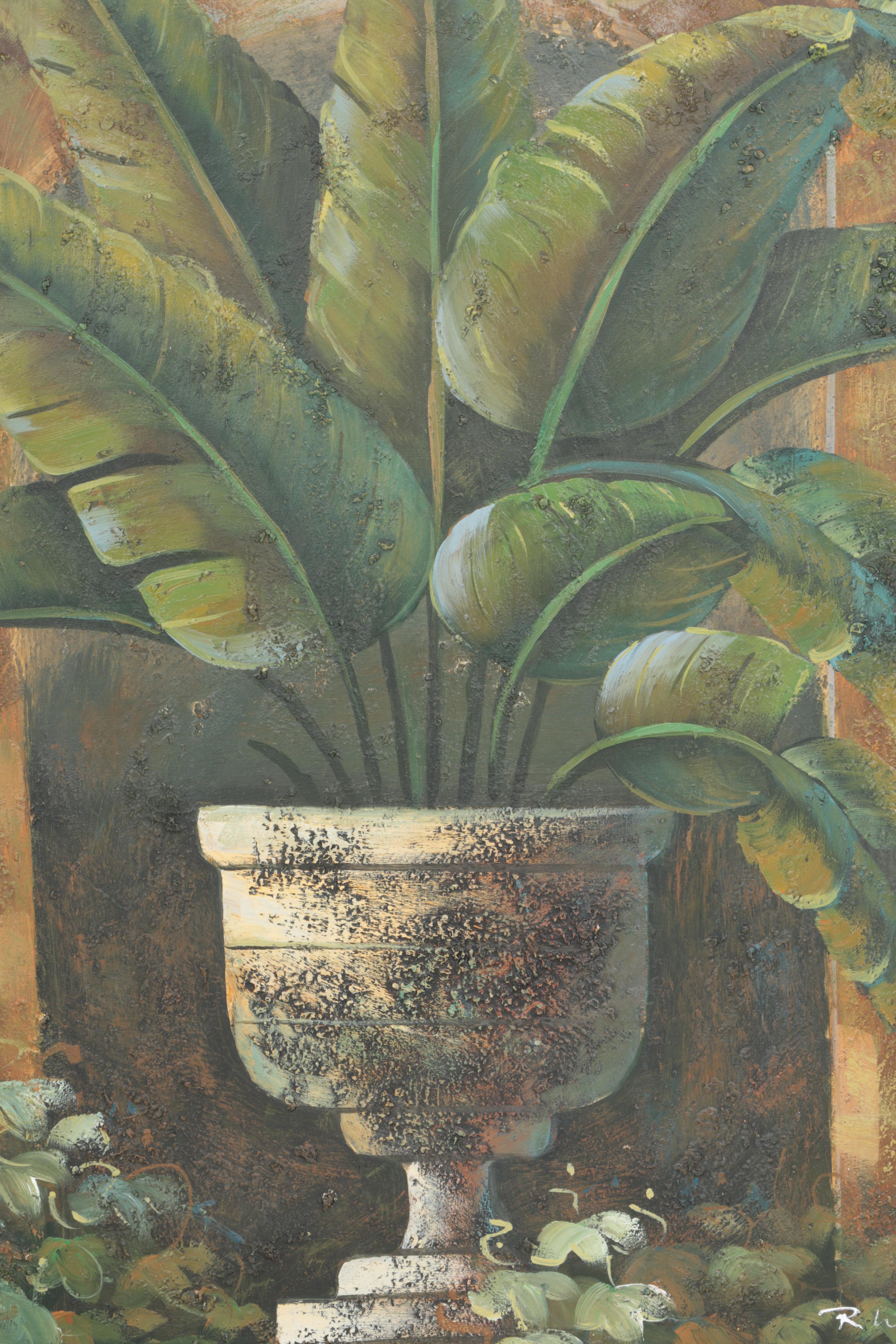 R. Wilcox Oil Painting on Canvas of a Potted Palm