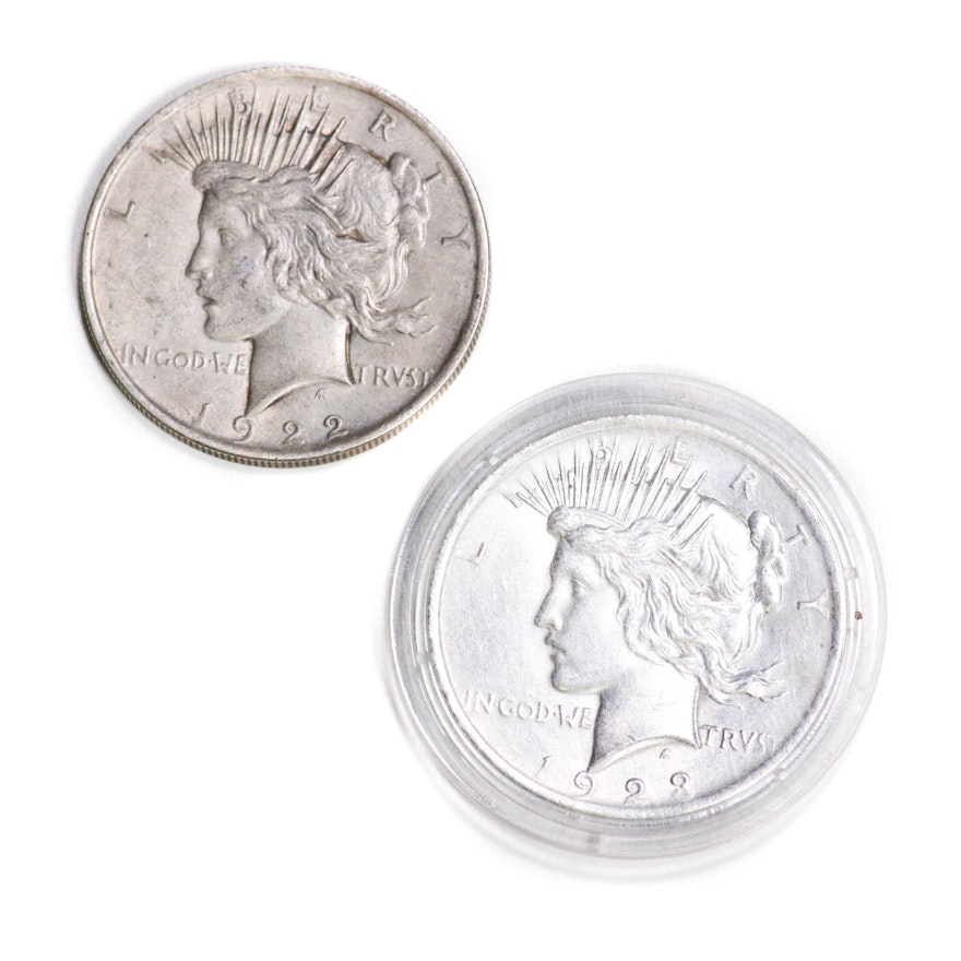 Group of Two Silver Peace Dollars Including the Following: 1922 and 1923