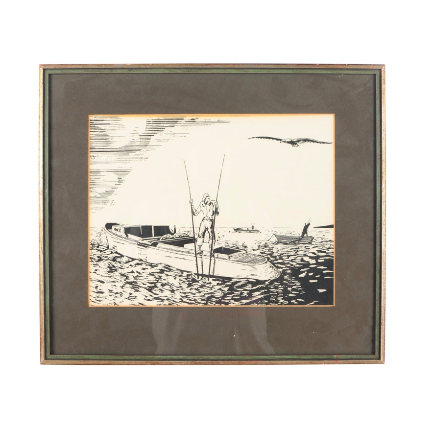 Mid-Century Serigraph on Paper of Oyster Fishing Scene